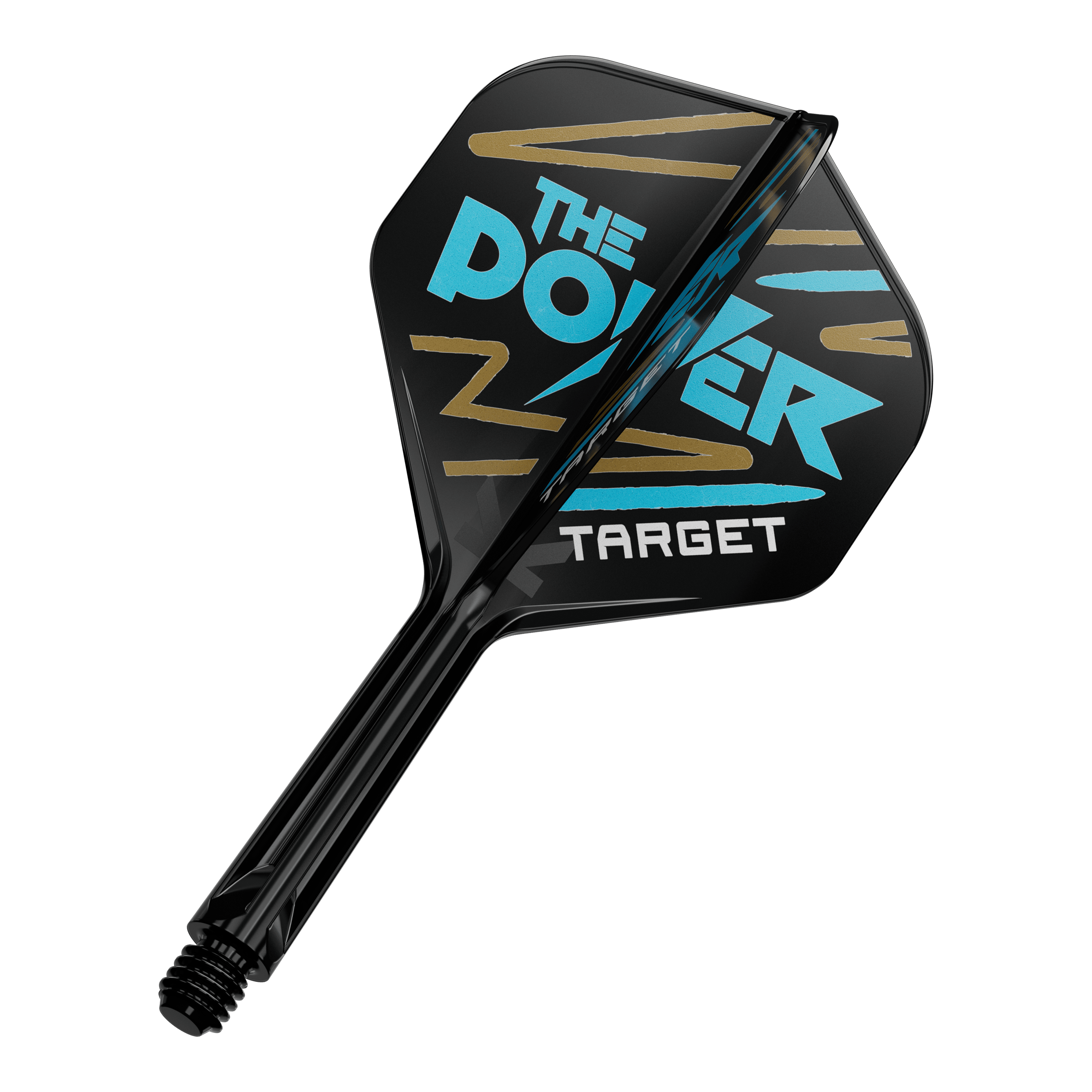 Systém standardní letové hřídele Target K-Flex Phil Taylor No2 Das Bild zeigt einen Dartpfeil mit schwarzem Flight und blauer sowie goldener Aufschrift. Auf dem Flight steht "THE POWER TARGET" in auffälligen Buchstaben.