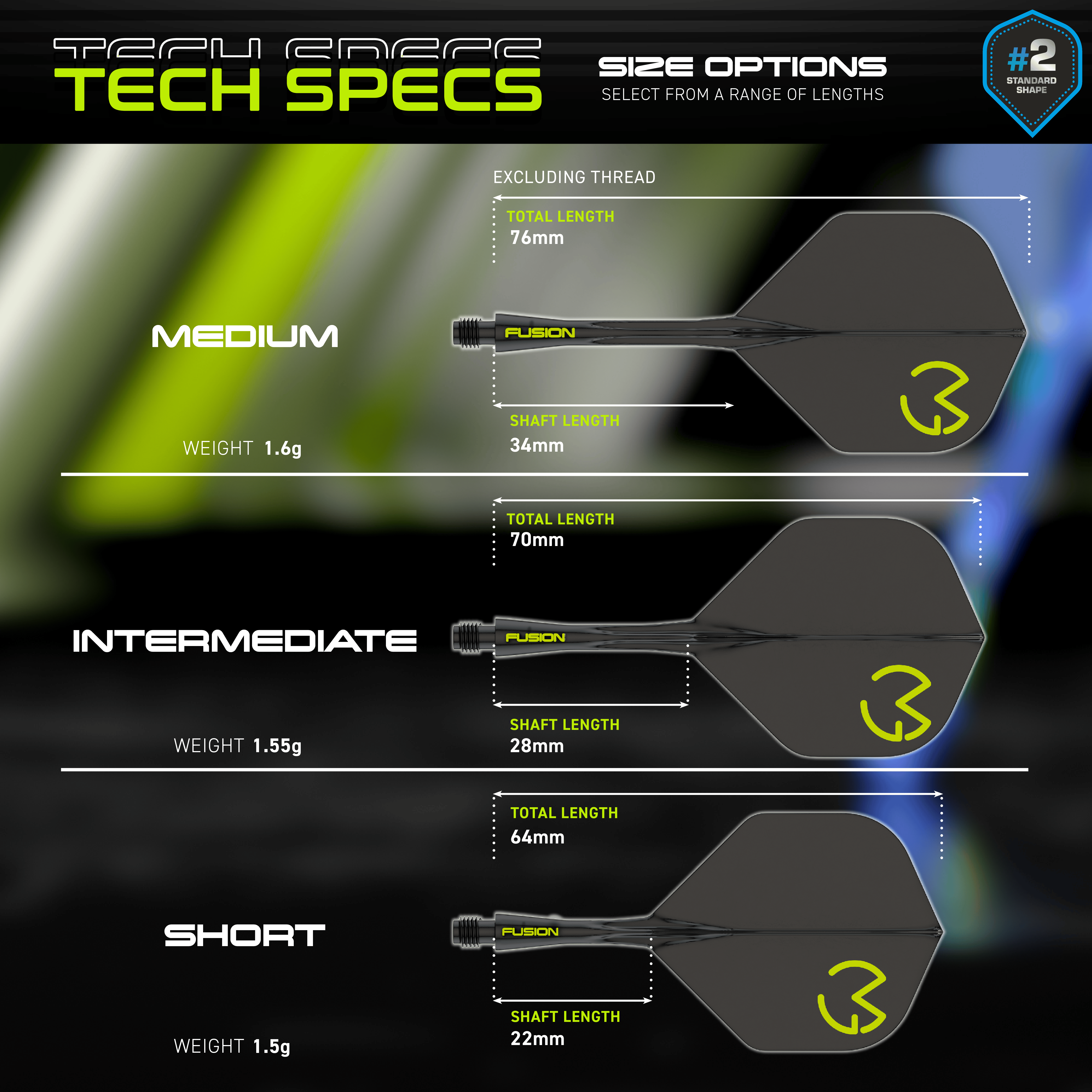 Winmau Fusion Flight Shaft System Michael Van Gerwen Pacman No6 Das Bild zeigt die technischen Spezifikationen des Winmau Fusion Flight-Shaft-Systems Michael Van Gerwen Pacman No2 Standard. Es werden drei Größenoptionen (Medium, Intermediate, Short) mit ihren jeweiligen Längen und Gewichten dargestellt.