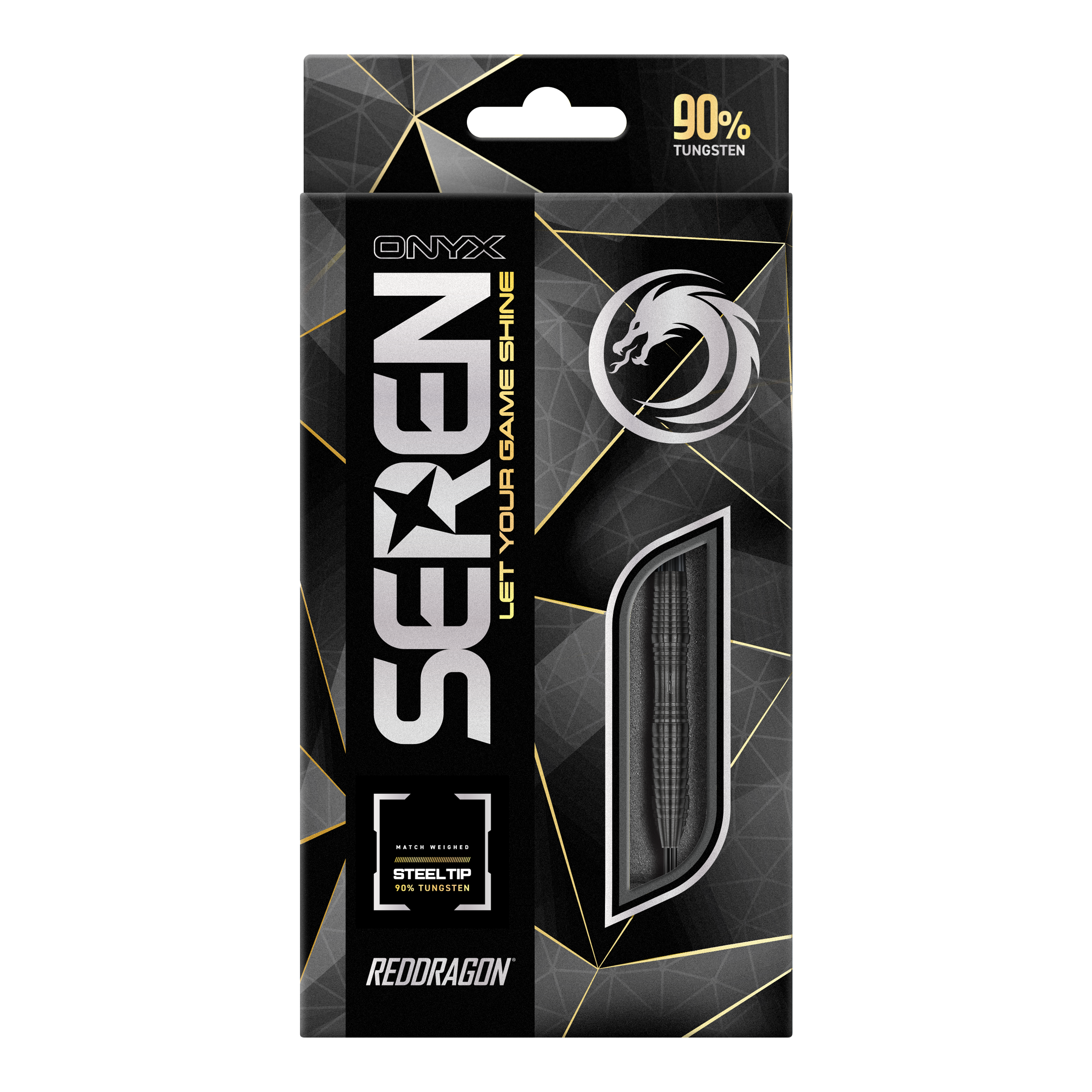 Ocelové šipky Red Dragon Seren 3 Onyx Die Abbildung zeigt die Verpackung der "Red Dragon Seren 3 Onyx Steeldarts". Auf der Schachtel steht, dass die Darts aus 90% Tungsten bestehen.