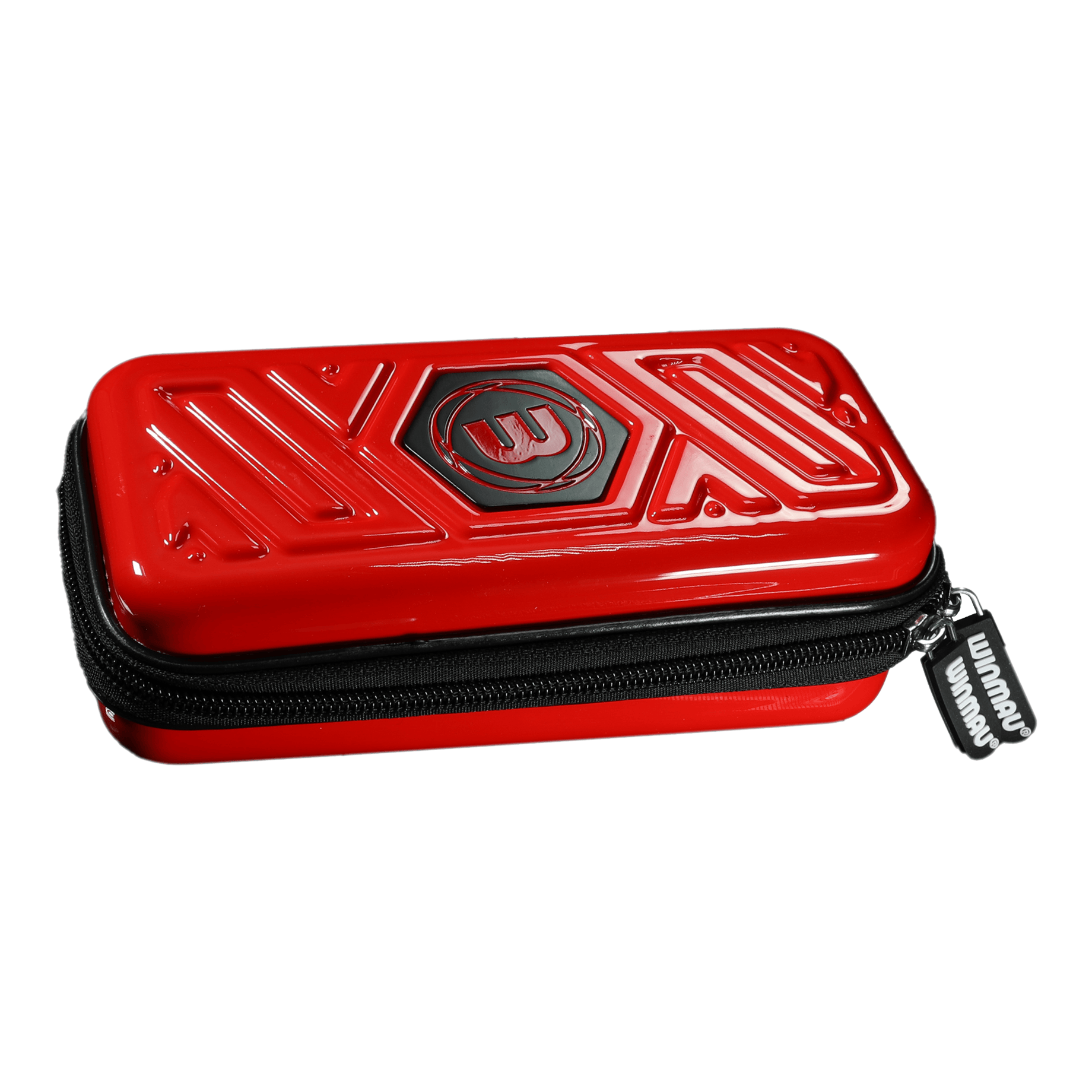 Peněženka Winmau Armor G1 Dart Das Bild zeigt ein rotes Dart-Etui mit einem schwarzen Reißverschluss. Auf der Oberseite befindet sich ein eingeprägtes Muster und das Winmau-Logo.