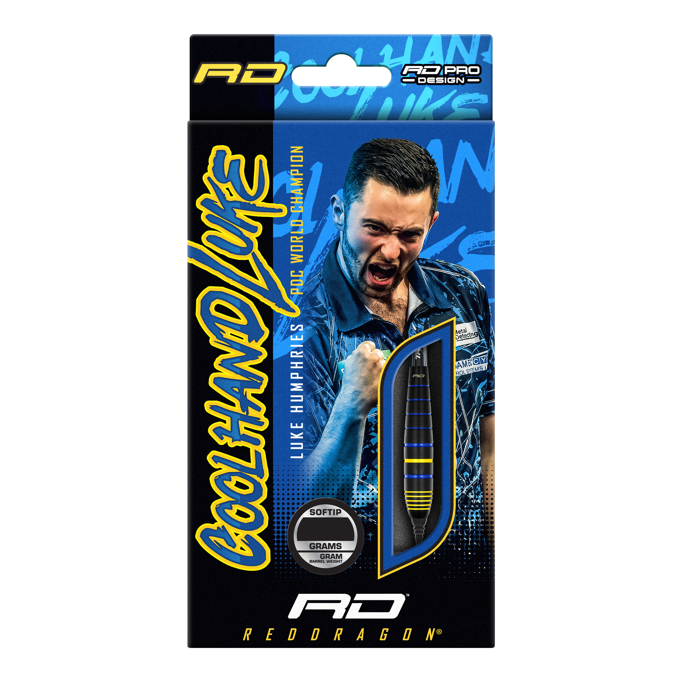 Šipky Red Dragon Luke Humphries World Champion Brass Softdarts - 20g Auf der Verpackung ist der Red Dragon Luke Humphries World Champion Brass Softdart mit 20g zu sehen. Im Hintergrund befindet sich ein jubelnder Mann in blauem Hemd.
