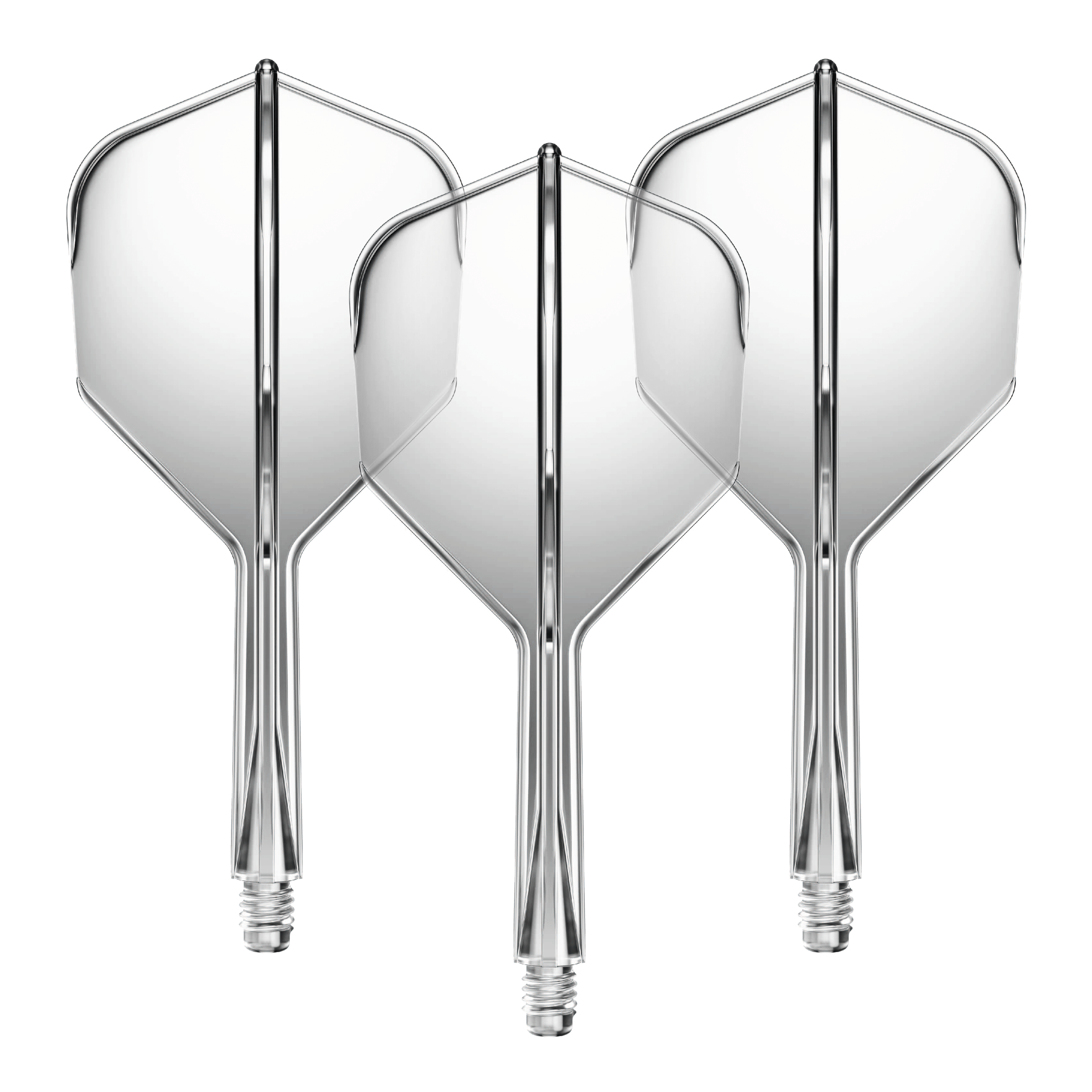 Systém letmých hřídelí GOAT A1R No6 - Čirý Das Bild zeigt drei durchsichtige Dartflügel mit Schäften. Sie sind gleichmäßig nebeneinander angeordnet und stechen durch ihr klares Design hervor.