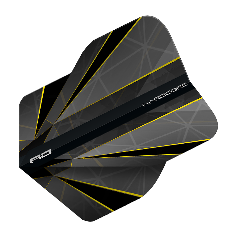 Das Bild zeigt das Produkt "Red Dragon Hardcore Seren Onyx No2 Standard Flights". Die Dart-Flights sind in Schwarz und Grau mit gelben Linien und modernen Mustern gestaltet.