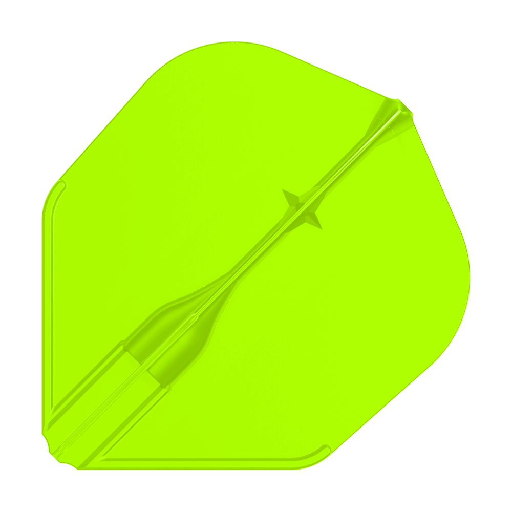 Lety L-L-Style3EZ Das Bild zeigt eine leuchtend grüne Dartflight-Flosse. Sie hat eine leicht transparente Oberfläche und eine klassische Form.