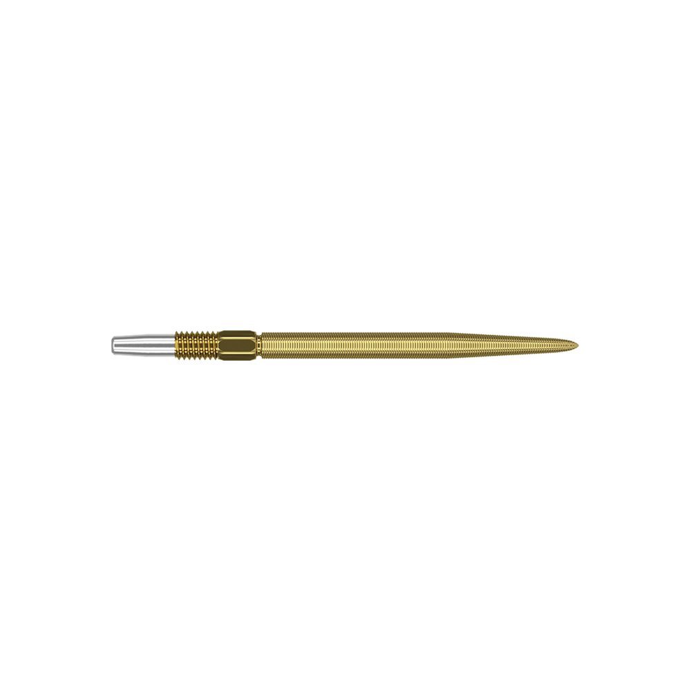 Nano šipkové hroty Swiss Point – zlaté Dies ist eine goldfarbene Dartspitze mit feiner Riffelung. Sie hat am Ende ein silbernes Verbindungsstück.