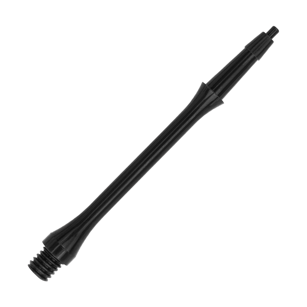 Das Bild zeigt einen schwarzen Harrows Clic Slim Shaft für Darts. Der Schaft hat ein schlankes, elegantes Design aus Kunststoff.