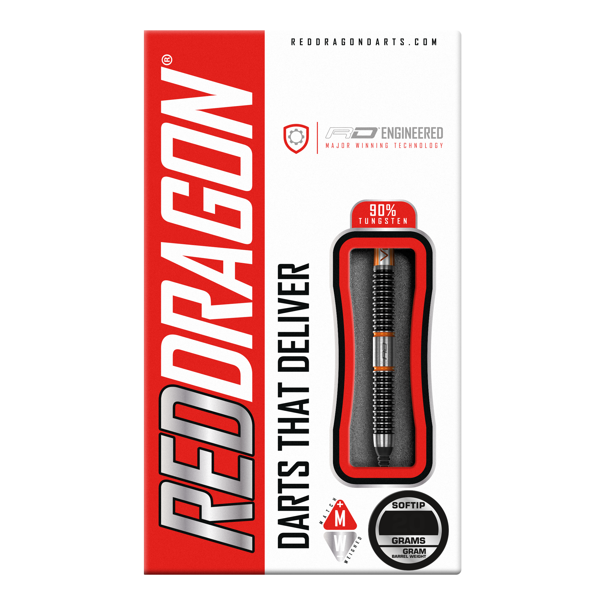 Šipky Red Dragon Amberjack 18 měkkých - 20g Auf dem Bild ist die Verpackung der "Red Dragon Amberjack 18 Softdarts - 20g" zu sehen. Die Verpackung ist überwiegend rot und weiß und zeigt einen Softdart mit 90% Tungsten.