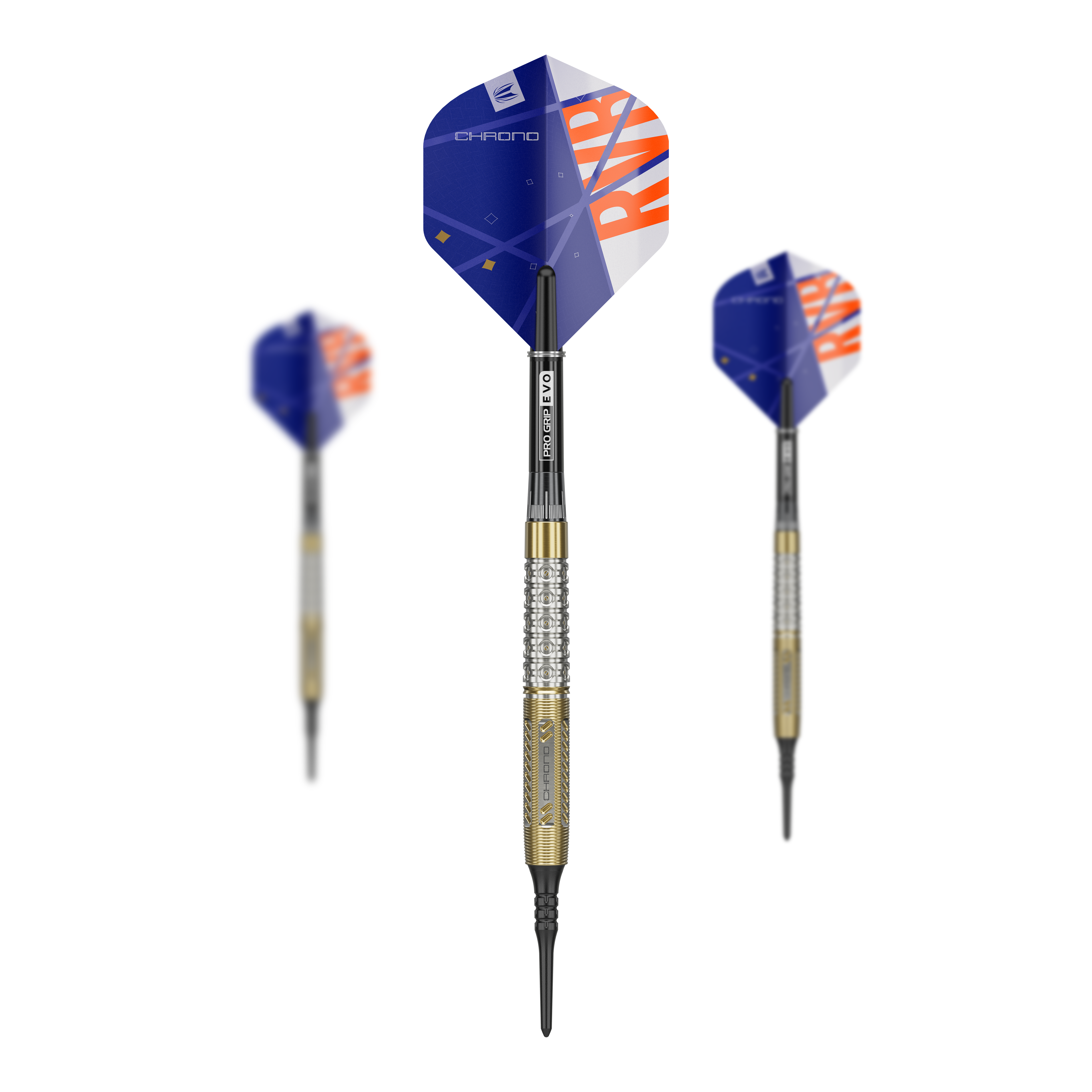 Target Raymond Van Barneveld Chrono 95 měkké šipky Das Bild zeigt drei Softdarts des Modells "Target Raymond Van Barneveld Chrono 95". Die Darts haben blaue Flights mit orange-weißer Beschriftung und einen silber-goldenen Schaft.