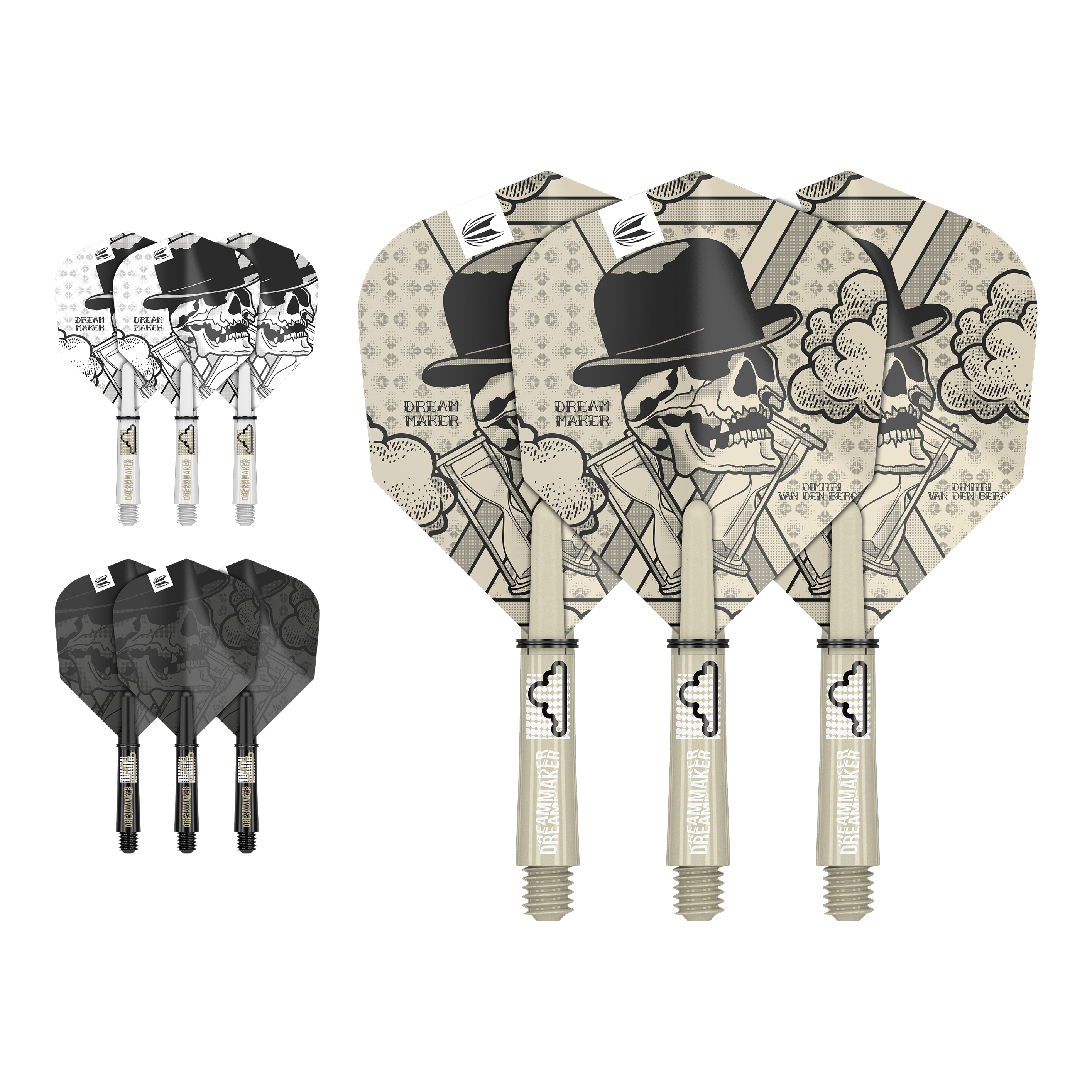 Sada pro letku Target Ink Dimitri Van Den Bergh Das Bild zeigt drei unterschiedlich gestaltete Dartflights und -schäfte mit einem Totenkopf-Motiv und dem Text "Dream Maker". Die Designs sind in den Farben Beige, Schwarz und Weiß gehalten.