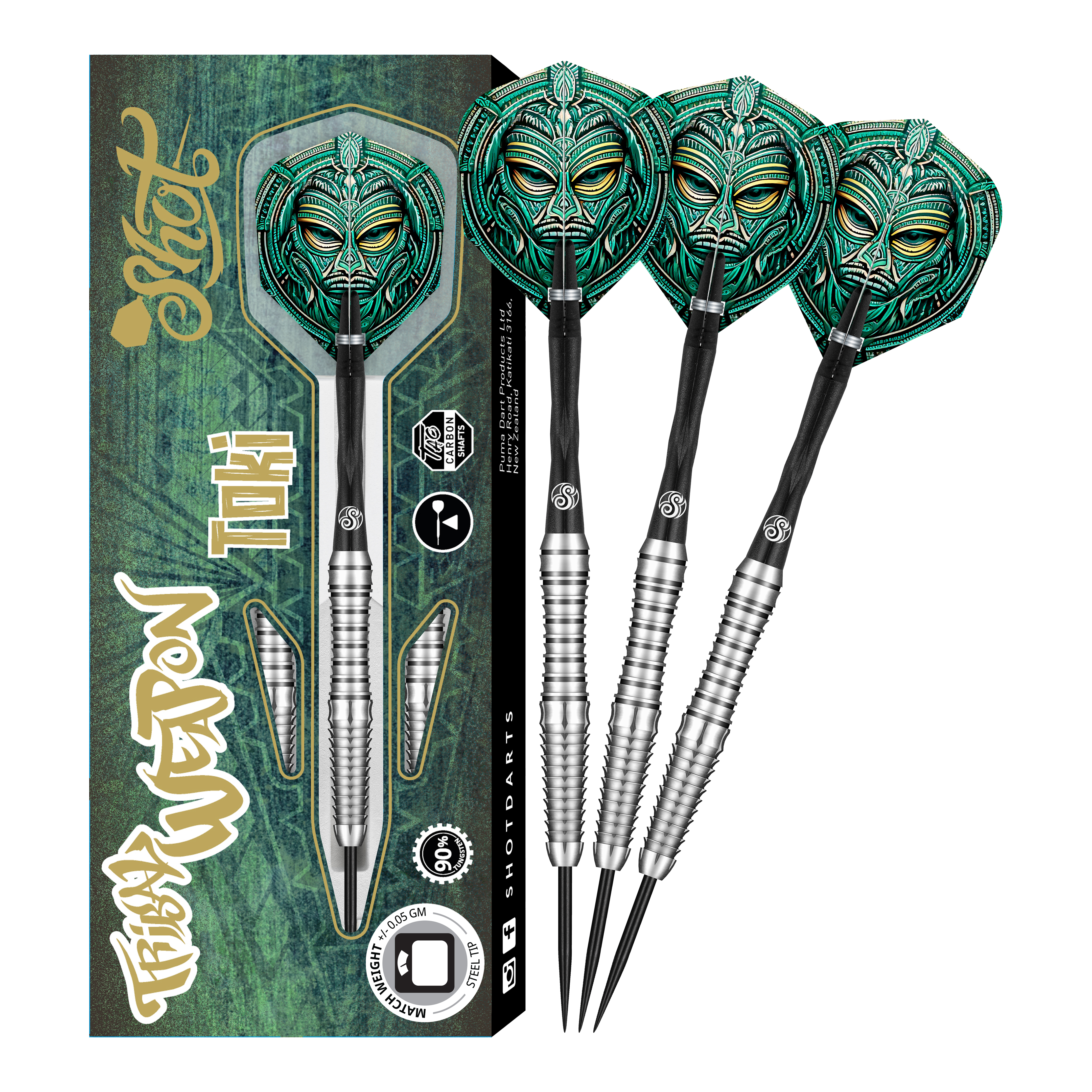 Das Bild zeigt das Produkt "Shot Tribal Weapon Toki Steeldarts" mit drei silbernen Steeldarts und auffälligen, grün verzierten Flights. Die Verpackung hebt das Tribal-Design und die hohe Qualität der Darts hervor.