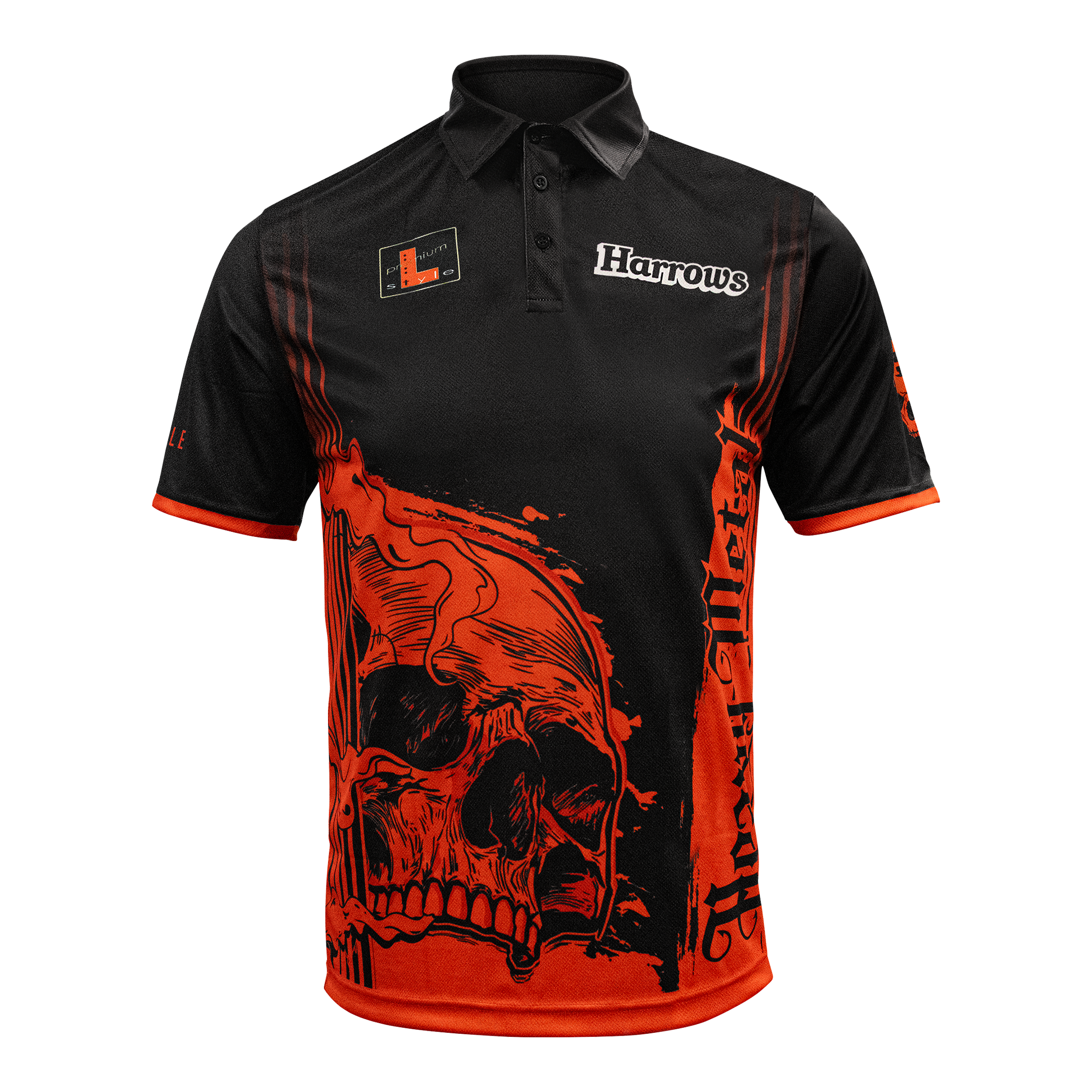 Harrowovo tričko s heavy metalovým hráčem Ryanem Searlem Das Bild zeigt das Harrows Ryan Searle Heavy Metal Playershirt. Es ist ein spezielles Dartshirt, das für Spieler entworfen wurde.