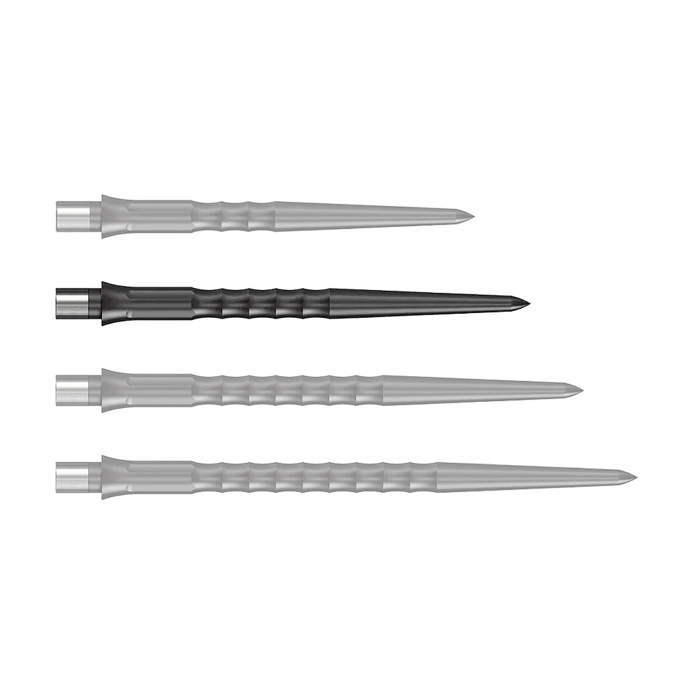 Caliburn System Steel Dart Tips - Ripple - NoLip - Black Auf dem Bild ist eine schwarze Steeldartspitze mit Ripple NoLip Design, 32 mm lang, zu sehen. Sie ist Teil des Caliburn Evo Systems.
