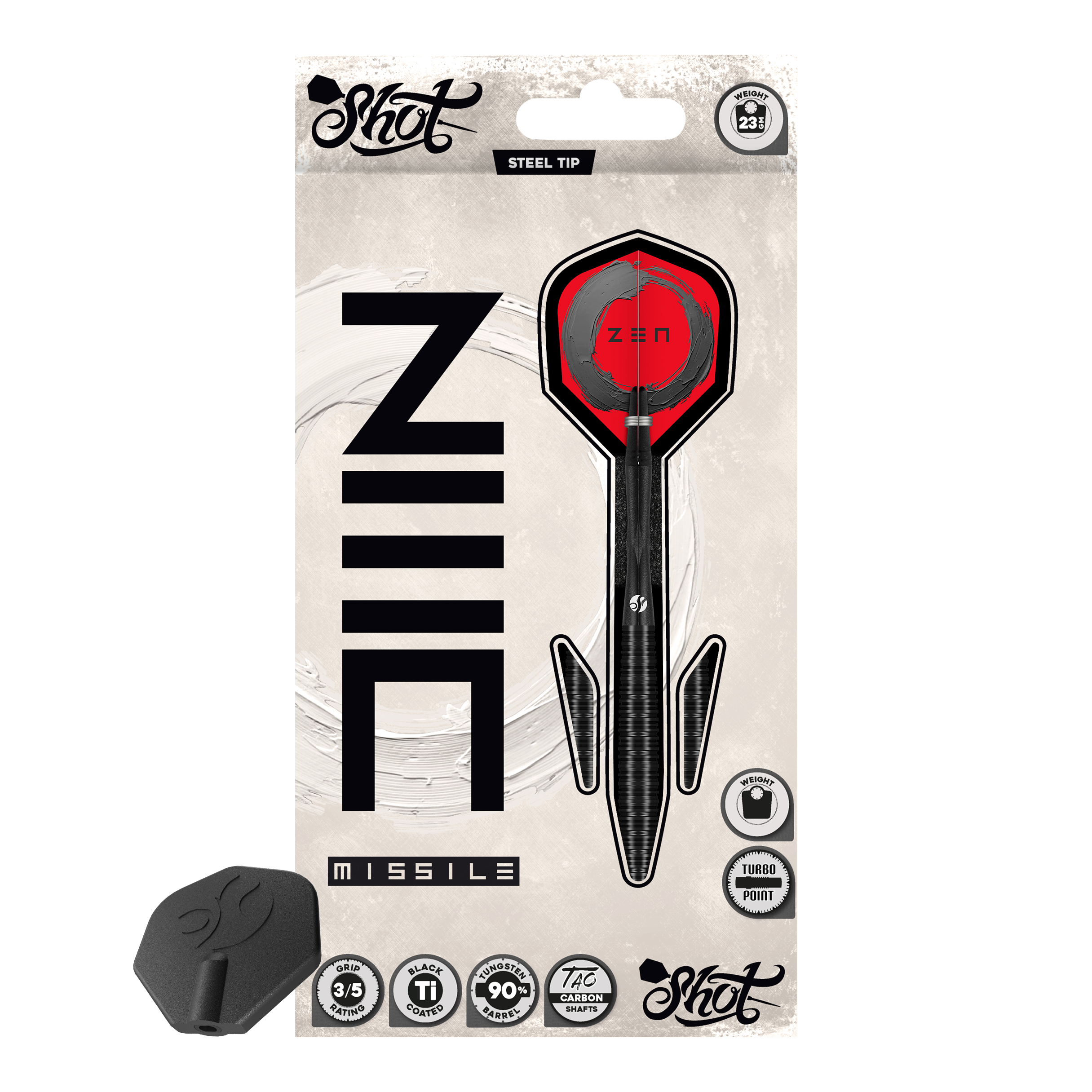 Ocelové šipky Shot ZEN Missile Turbo Point - 23g Das Bild präsentiert die Shot ZEN Missile Turbo Point Steeldarts - 23g. Diese sind besonders präzise und griffig gestaltet.