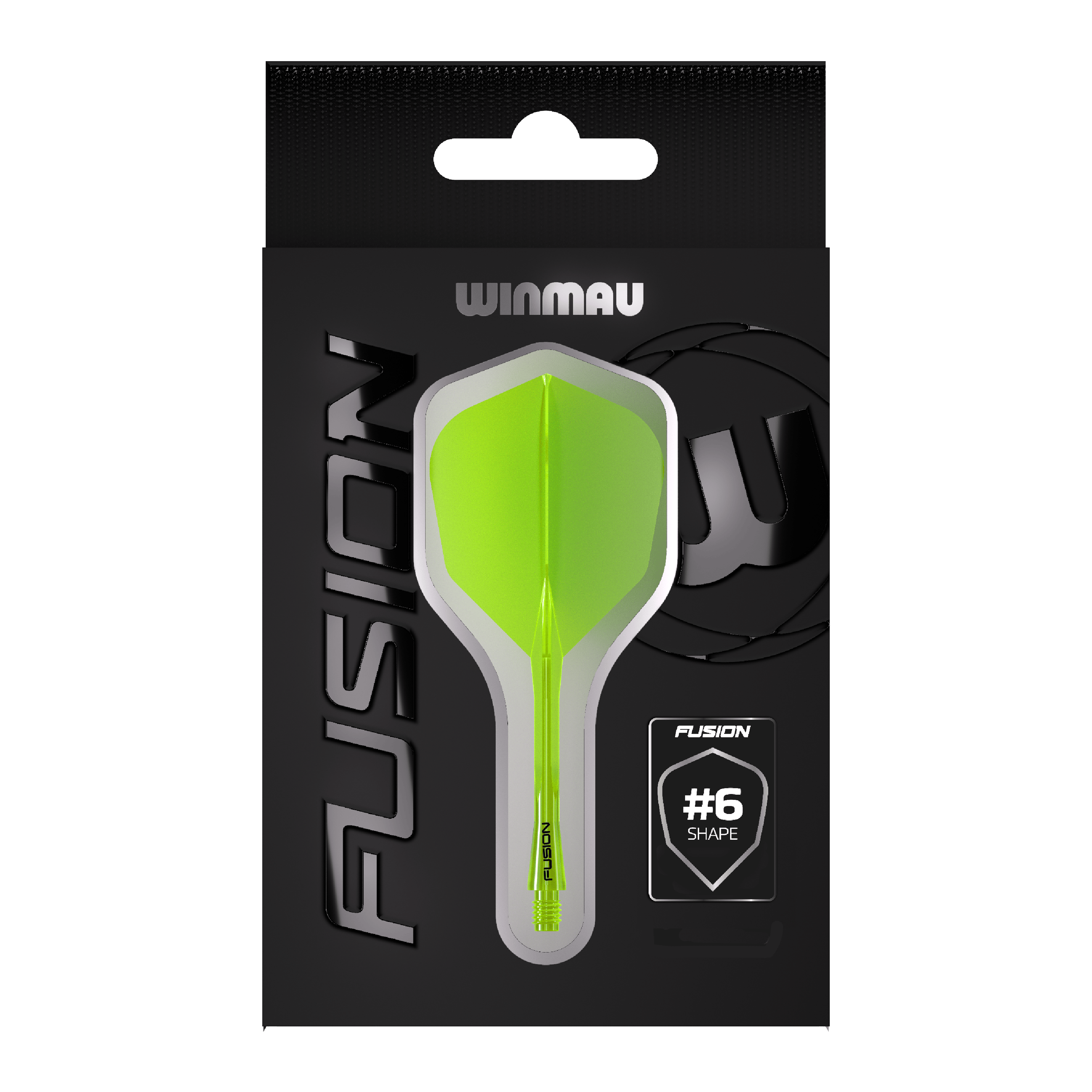 Letka Winmau Fusion System č. 6 neonově žlutá Auf dem Bild ist eine Packung Winmau Fusion Flight Shaft System in Neon-Gelb zu sehen. In der Mitte der Verpackung befindet sich ein Flightsystem in Form #6.