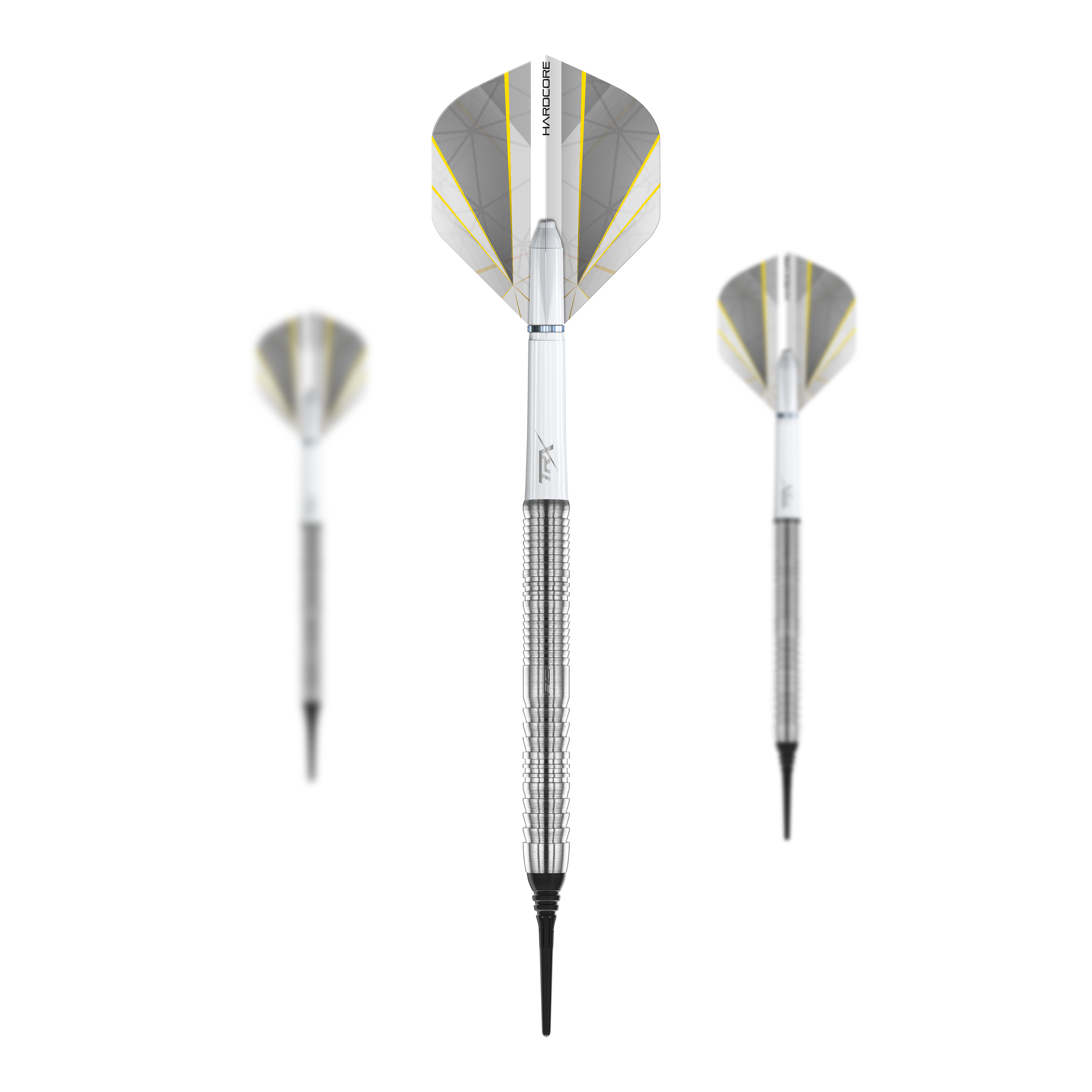 Šipky Red Dragon Seren 1 Pure Softdarts - 20g Das Bild zeigt drei "Red Dragon Seren 1 Pure Softdarts - 20g" Pfeile. Sie sind silberfarben mit schwarzen Spitzen und silber-gelb-weißen Flights.