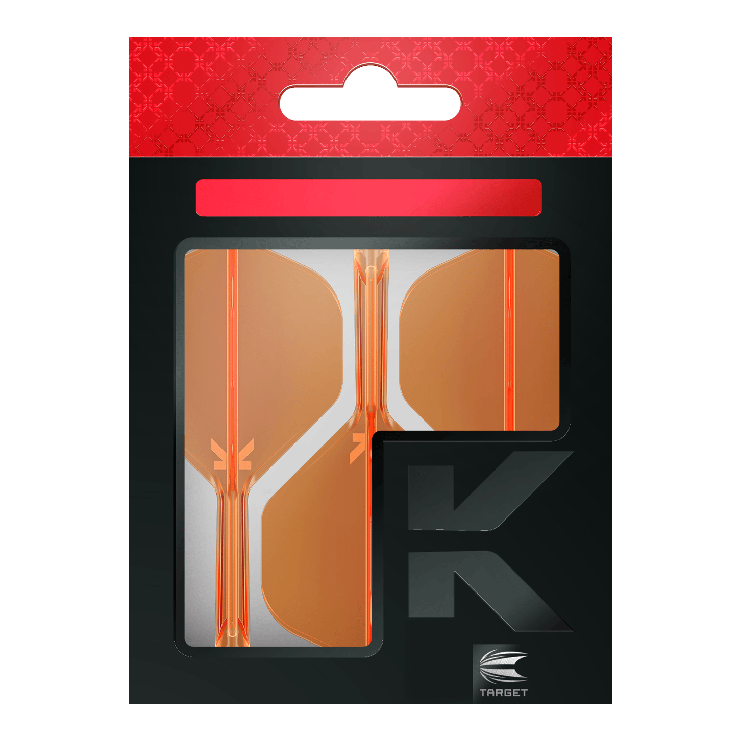 Standardní letový systém Target K-Flex No2 - neonově oranžový Die Abbildung zeigt eine Packung mit orangenen Dart-Flights der Marke Target. Die Verpackung ist überwiegend schwarz mit einem roten oberen Abschnitt.