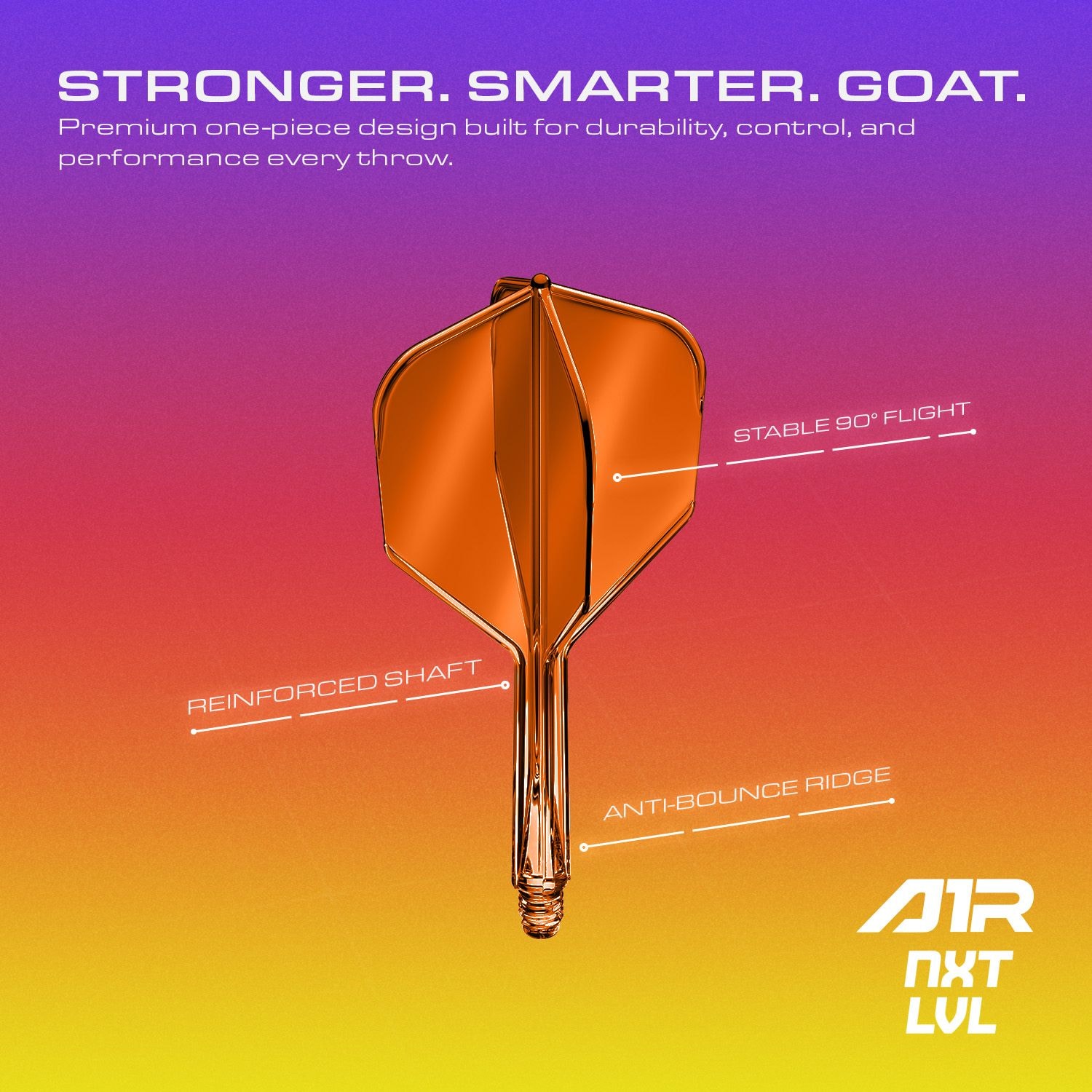 Das GOAT A1R No6 Flight-Shaft-System in Neon Orange ist auf diesem Bild abgebildet. Die farbenfrohe Gestaltung macht es besonders ansprechend für Dartspieler.