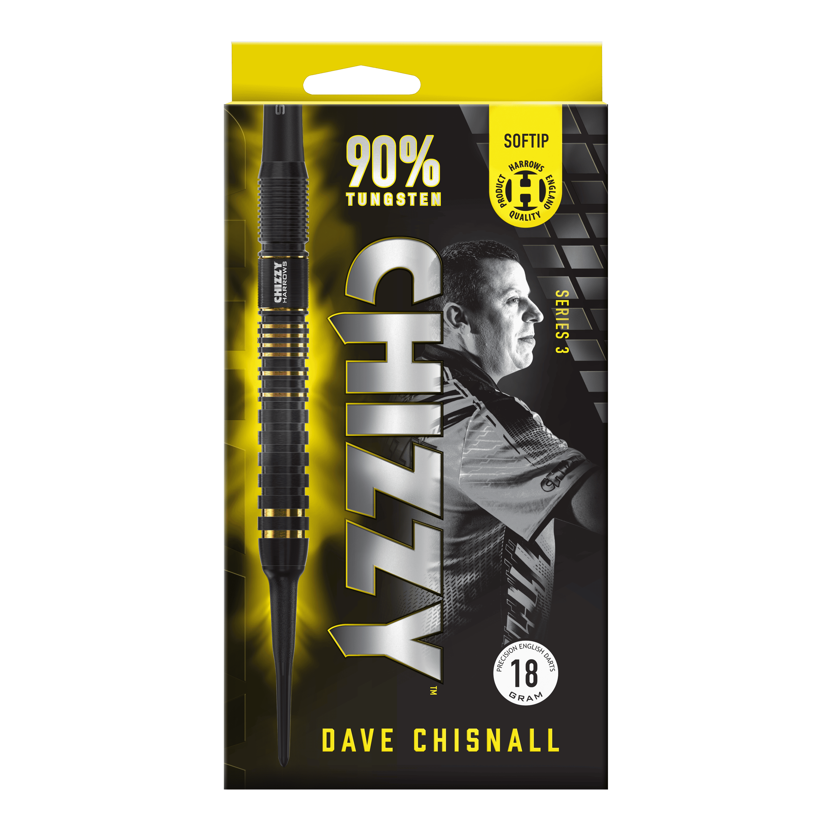 Měkké šipky Harrow's Dave Chisnall Chizzy Series 3 Das Bild zeigt die Verpackung der "Harrows Dave Chisnall Chizzy Series 3 Softdarts". Auf der Verpackung stehen Informationen wie "90% Tungsten", "Softtip" und das Gewicht von 18 Gramm.