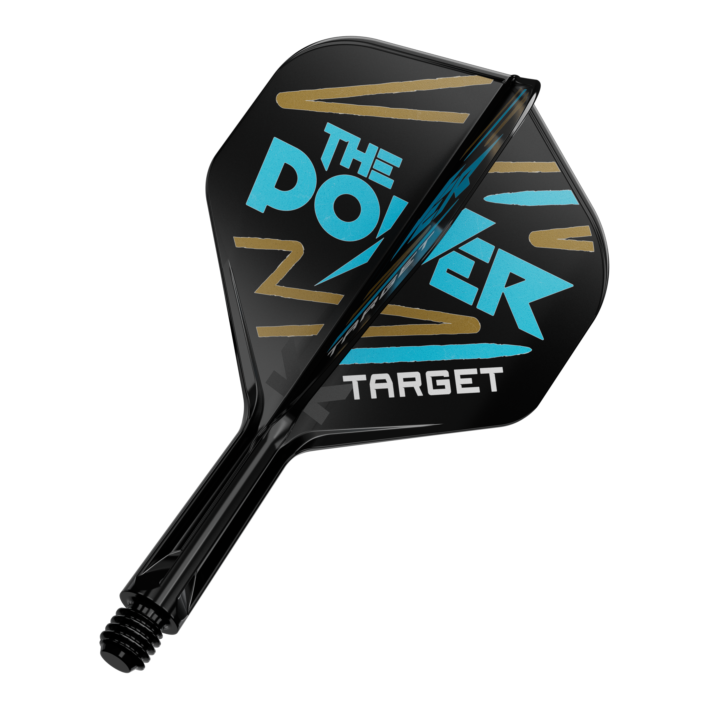 Systém standardní letové hřídele Target K-Flex Phil Taylor No2 Das Bild zeigt einen schwarzen Dartflight mit der Aufschrift "THE POWER" in blauer Farbe. Darunter steht das Wort "TARGET" in weißer Schrift.