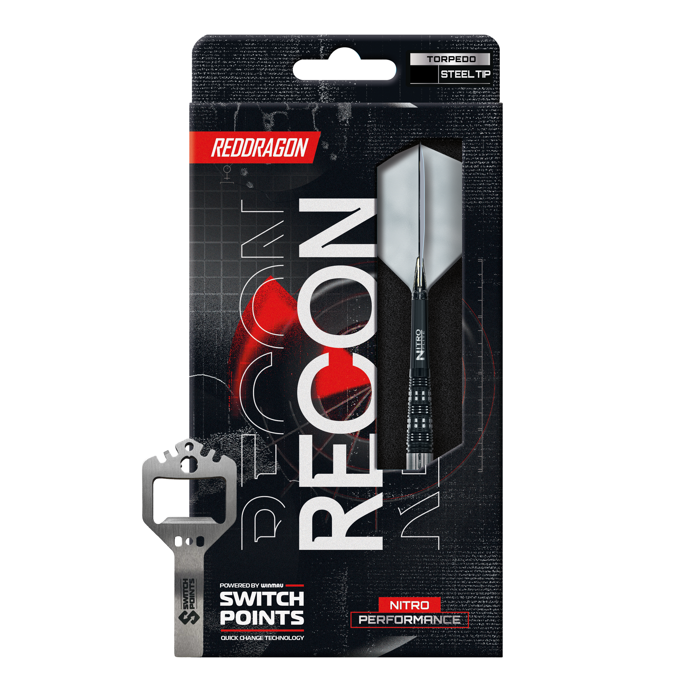 Ocelové šipky Red Dragon Recon Torpedo Switch Point Auf dem Bild sind die Red Dragon Recon Torpedo Steeldarts - 23g zu erkennen. Die Steeldarts liegen parallel zueinander.