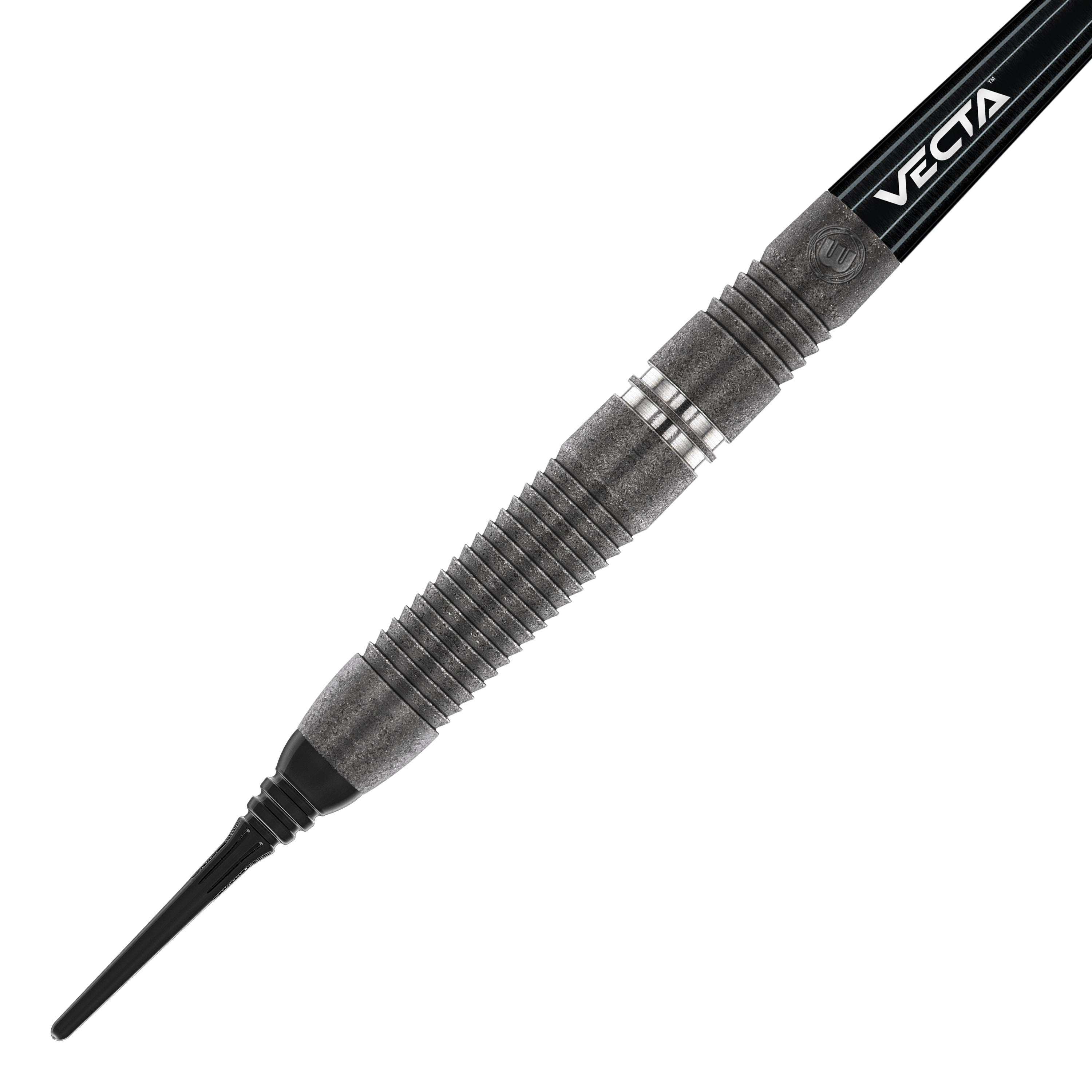 Winmau Callisto 03 Softdarts - 20g Das Bild zeigt einen Winmau Callisto 03 Softdart mit einem Gewicht von 20g. Der Dart hat ein modernes, schwarzes Design mit silbernen Ringen und strukturierter Griffzone.