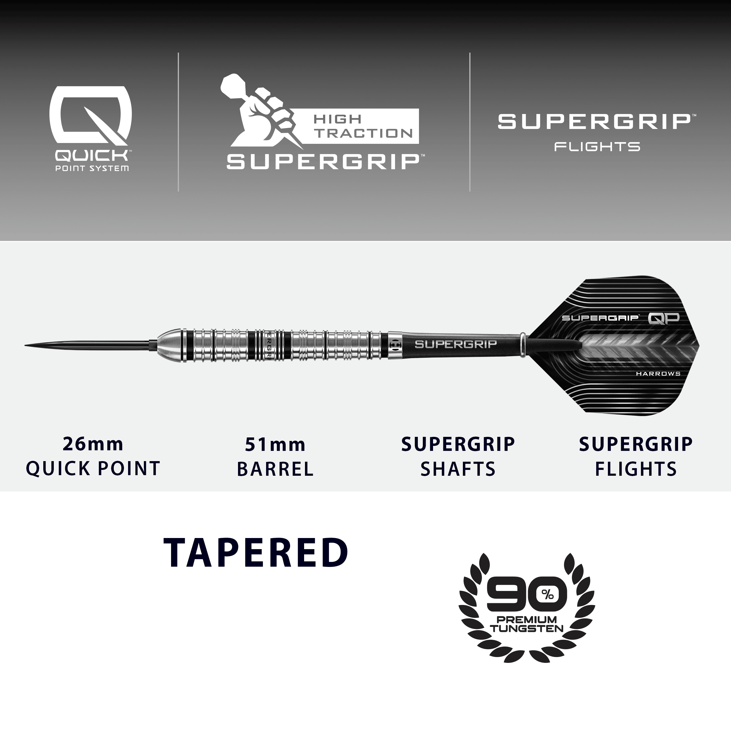 Harrows Supergrip Tapered Quick Point ocelové šipky Abgebildet sind die Harrows Supergrip QP Tapered Quick Point Steeldarts. Sie eignen sich ideal für ein präzises Dartspiel.