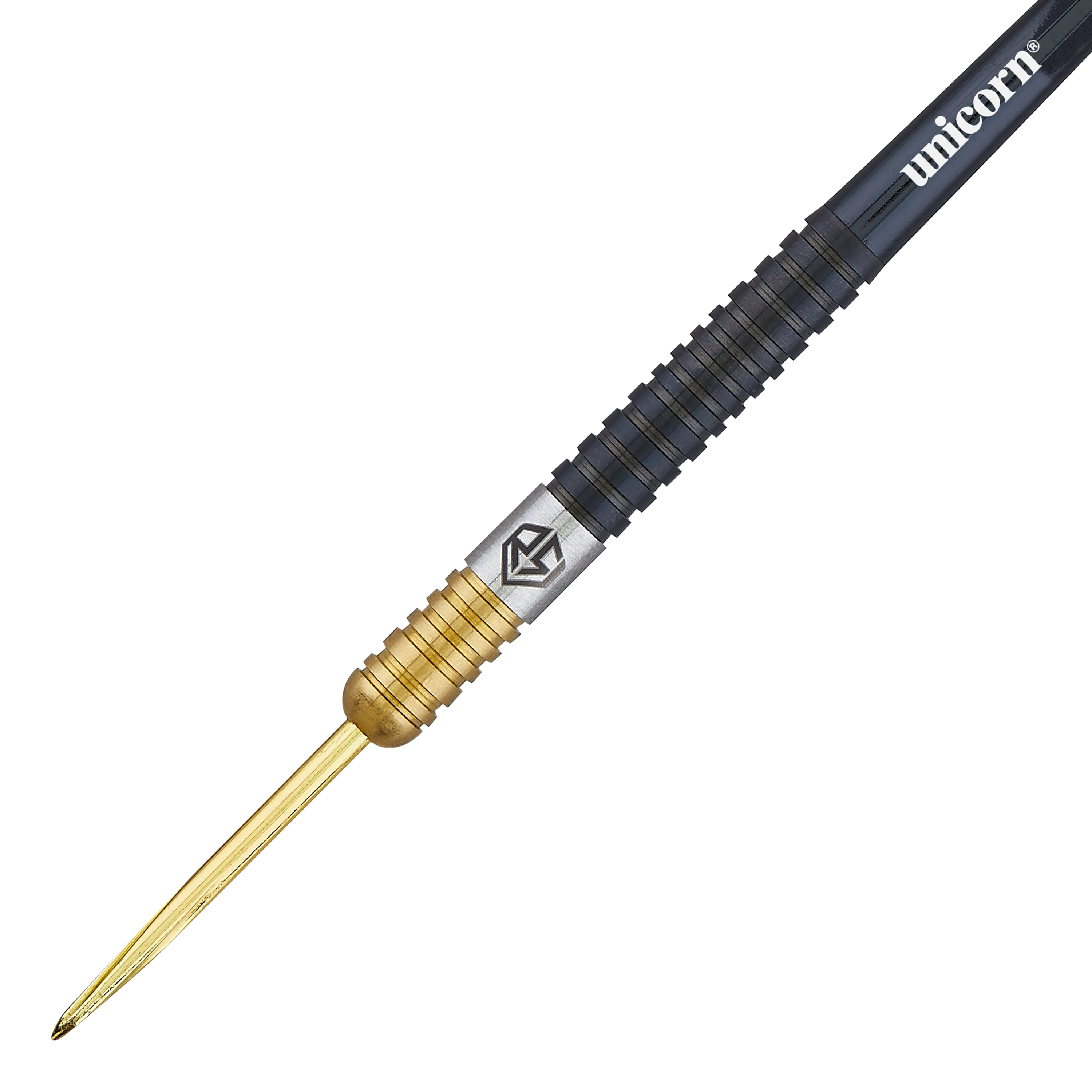 Šipky Unicorn Ross Smith dvoubarevné ocelové Das Bild zeigt einen Steeldart aus der Unicorn Ross Smith Two-Tone Serie. Der Dart ist zweifarbig mit einem goldenen vorderen Teil und einem schwarzen hinteren Teil gestaltet.