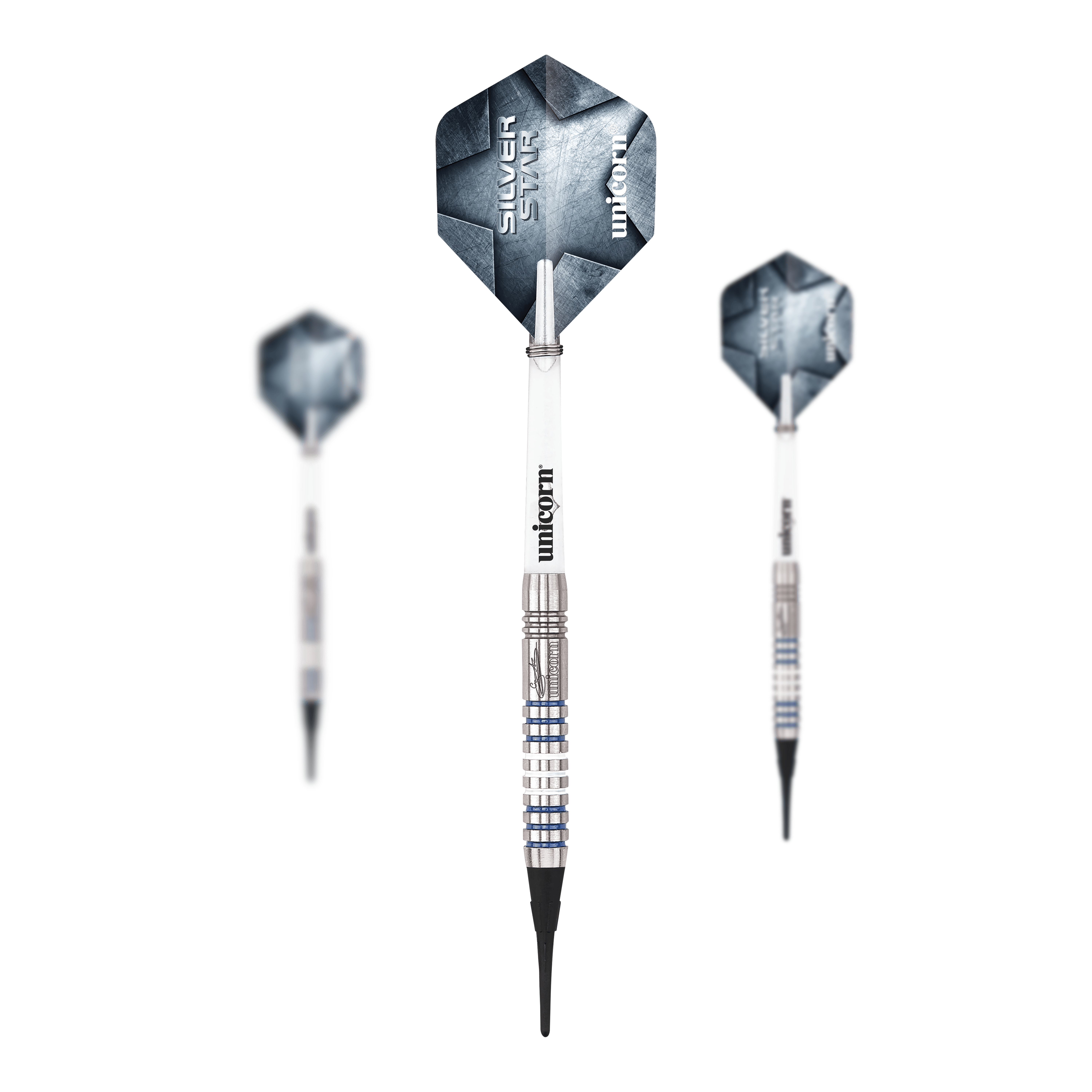 Měkké šipky Unicorn Silver Star Var.3 Gary Anderson Das Produkt Unicorn Silver Star Var.3 Gary Anderson Softdarts ist als Set abgebildet. Man sieht die Dartpfeile in einer Verpackung angeordnet.