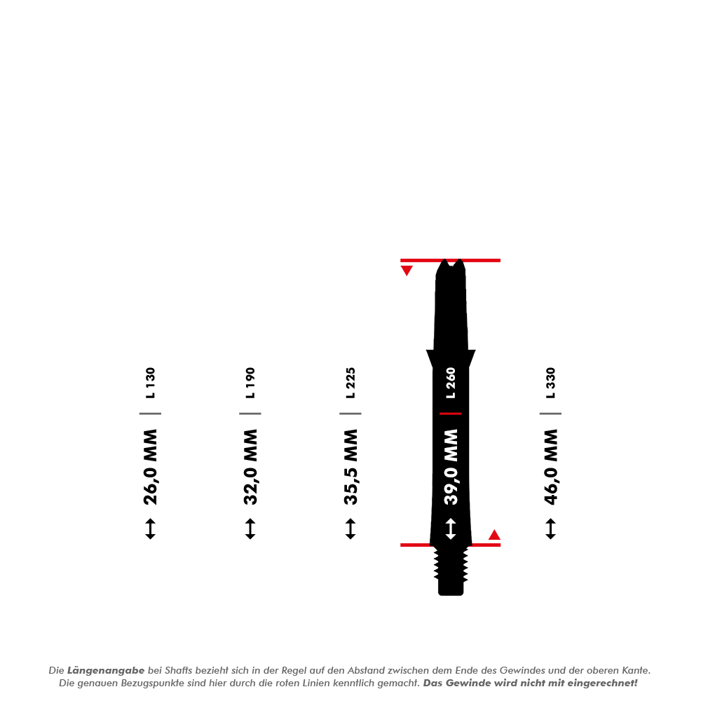 Karbonové hřídele ve stylu L Das Bild zeigt verschiedene Längen von Carbon Shafts ohne Kappen, die in Millimetern angegeben sind. Die Maße reichen von 26,0 mm bis 46,0 mm und beziehen sich auf den Abstand zwischen dem Ende des Gewindes und der oberen Kante.