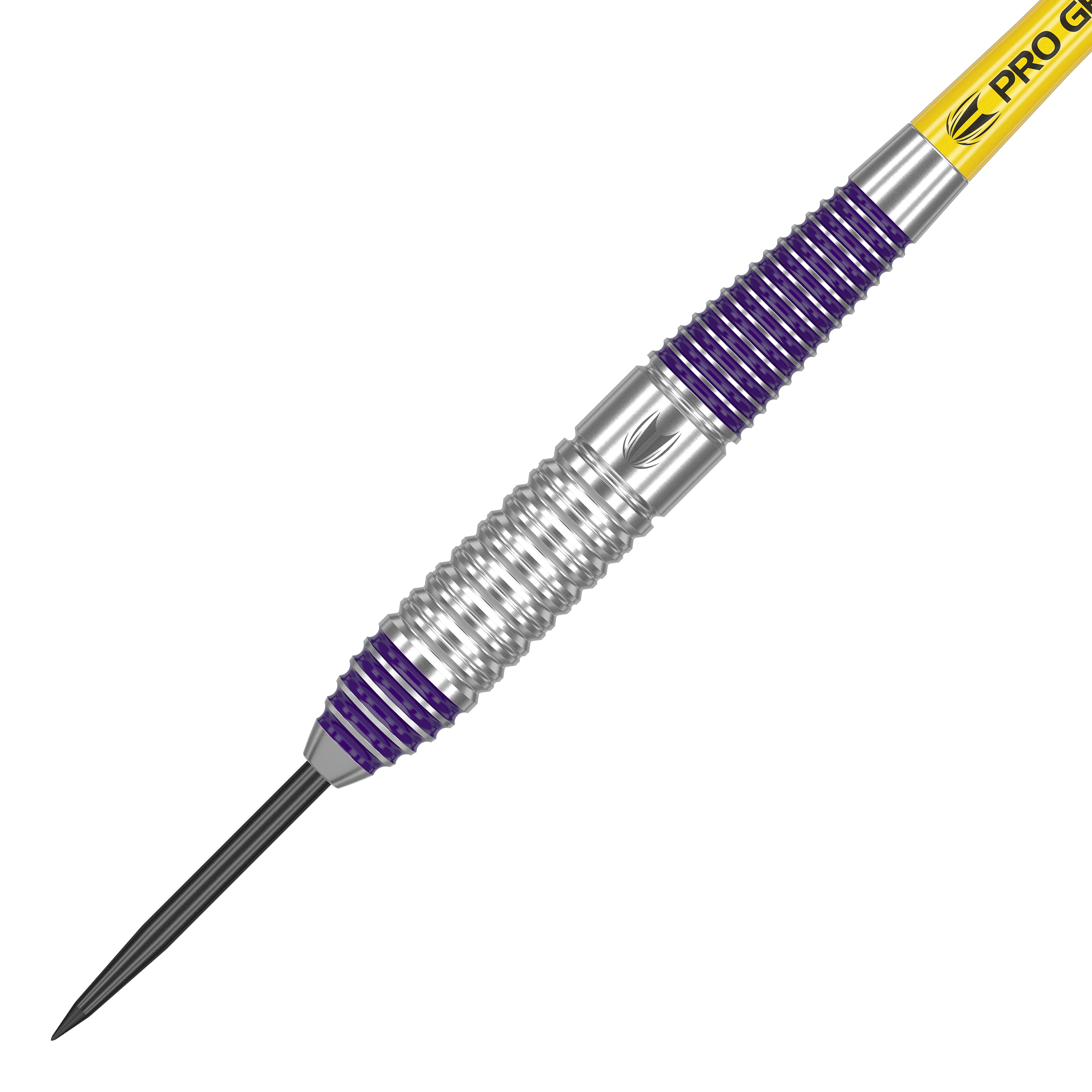 Šipky Target Luke Littler mosazné ocelové - 22g Das Bild zeigt einen Target Luke Littler Brass Steeldart mit einem Gewicht von 22g. Der Dart hat silberne und violette Rillen am Griff sowie eine gelbe Beschriftung am Schaft.