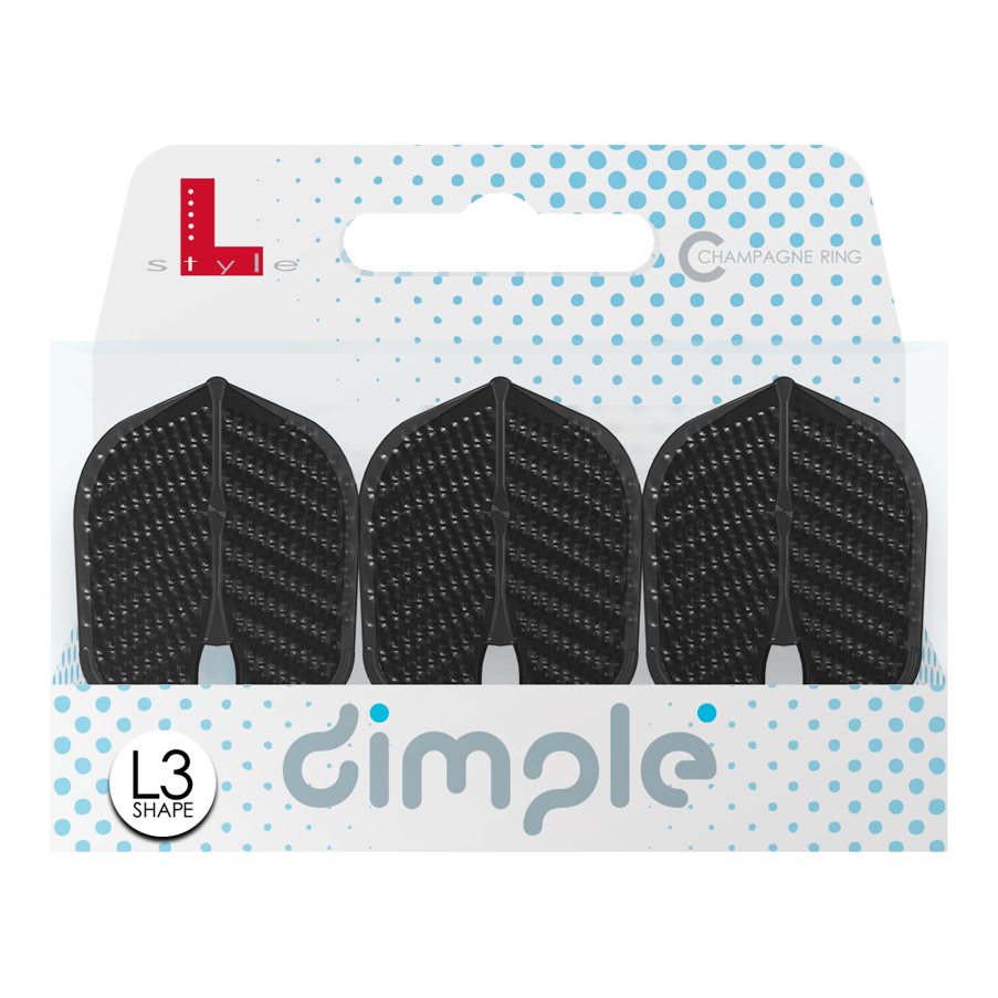 Letky ve stylu L Dimple Champagne Tvar L3PRO Das Bild zeigt eine Packung mit drei schwarzen L-Style Flights Dimple im L3PRO Shape. Die Verpackung ist weiß mit blauen Punkten und der Aufschrift „dimple“.