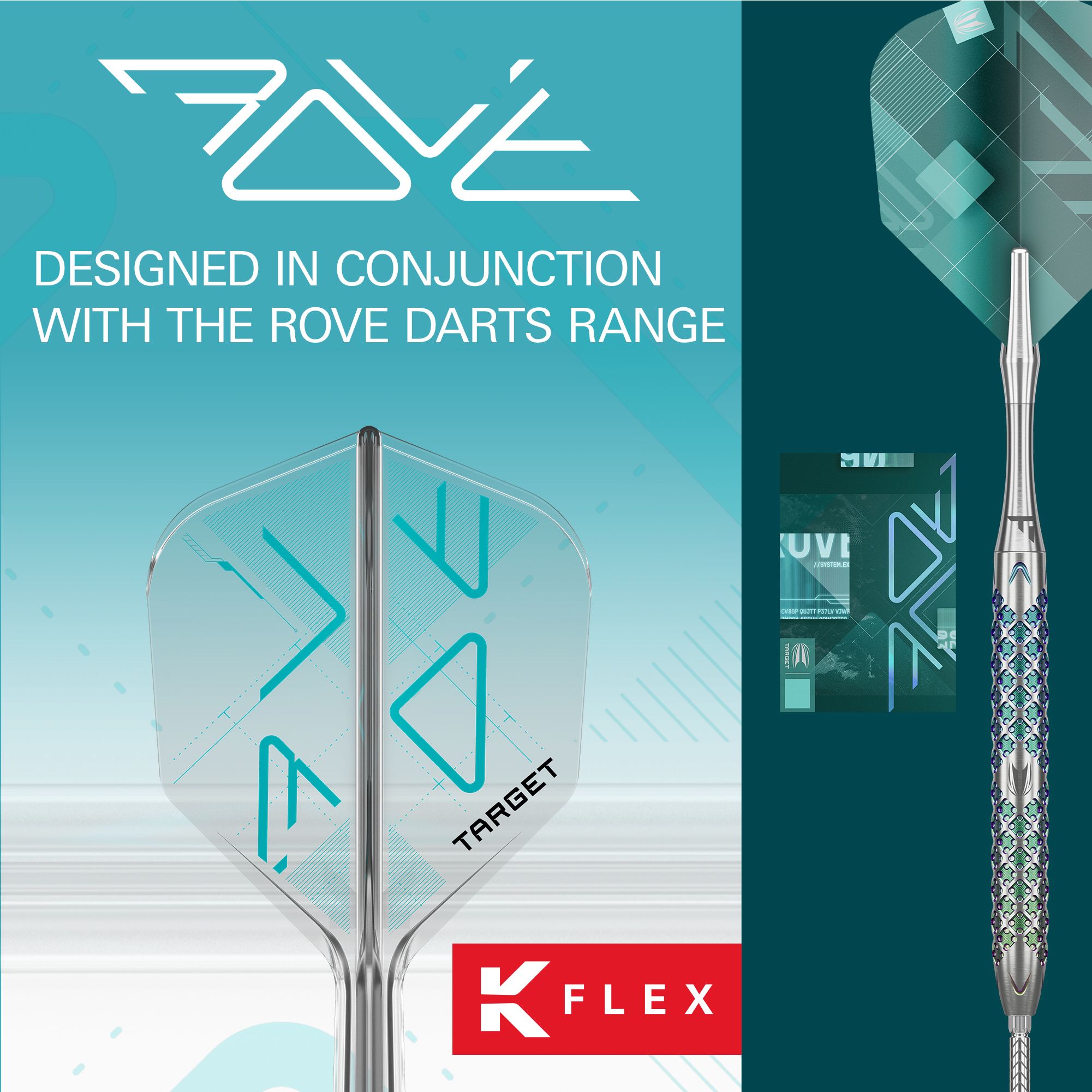 Target K-Flex Rove No2 Standard Flight-Shaft-System ist auf dem Bild zu sehen. Es handelt sich um ein Flight-Shaft-System für Dartpfeile.
