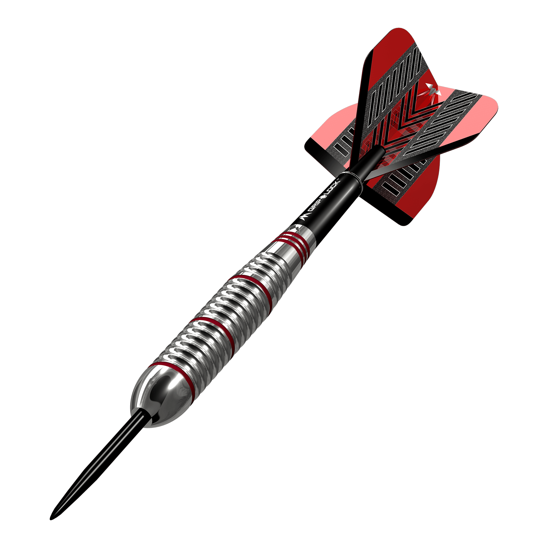 Šipky Mission Rogue Brass Steel - 22g Das Bild zeigt einen Mission Rogue Brass Steeldart mit einem Gewicht von 22g. Der Dartpfeil hat ein silbernes Griffstück mit roten Akzenten und rote Flights.