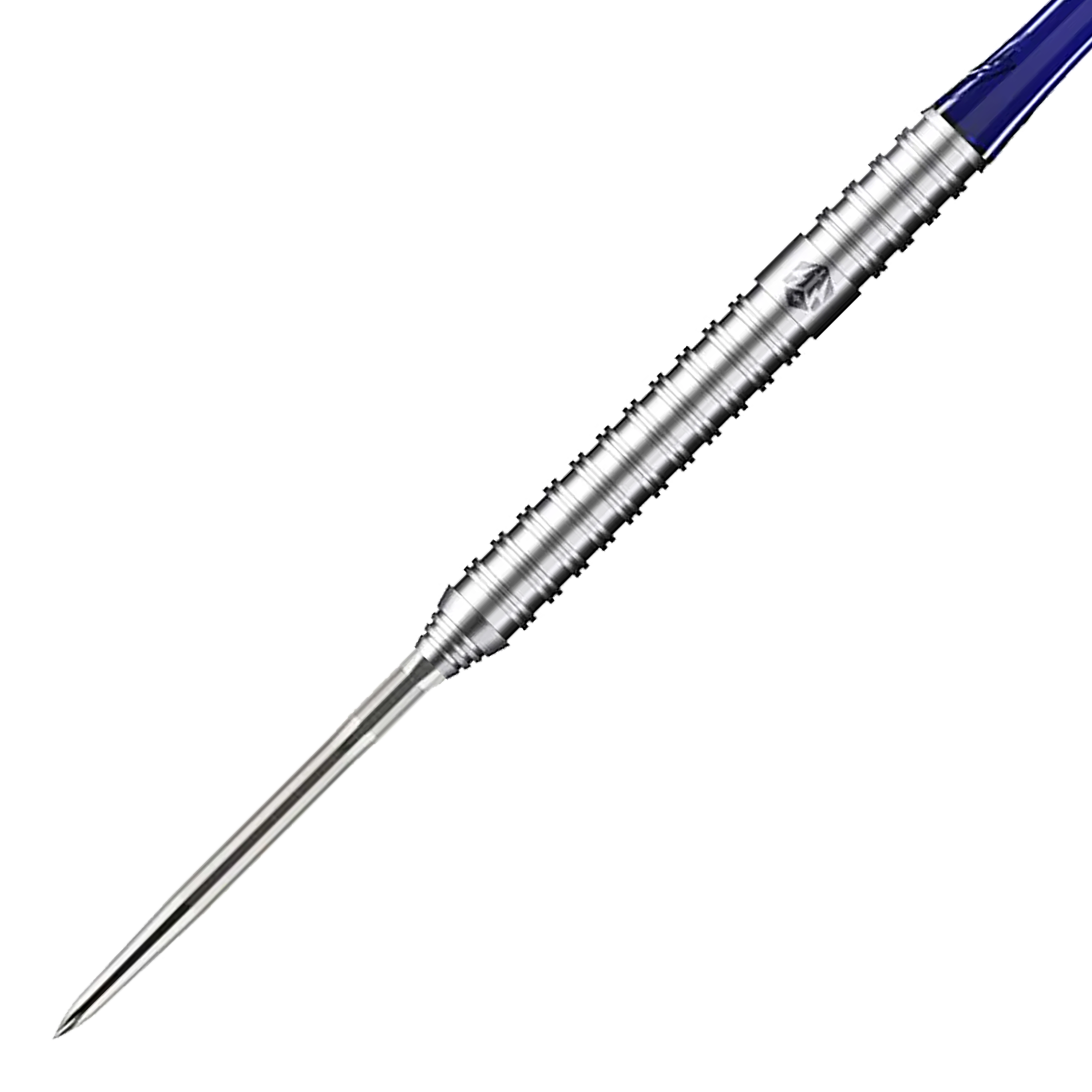 Ocelové šipky Caliburn Forge F3 - 22g Auf dem Bild ist ein Caliburn Forge F3 Steeldart mit einem Gewicht von 22 Gramm zu sehen. Der Dart hat einen silbernen, geriffelten Metallkörper und eine spitze Stahlspitze.