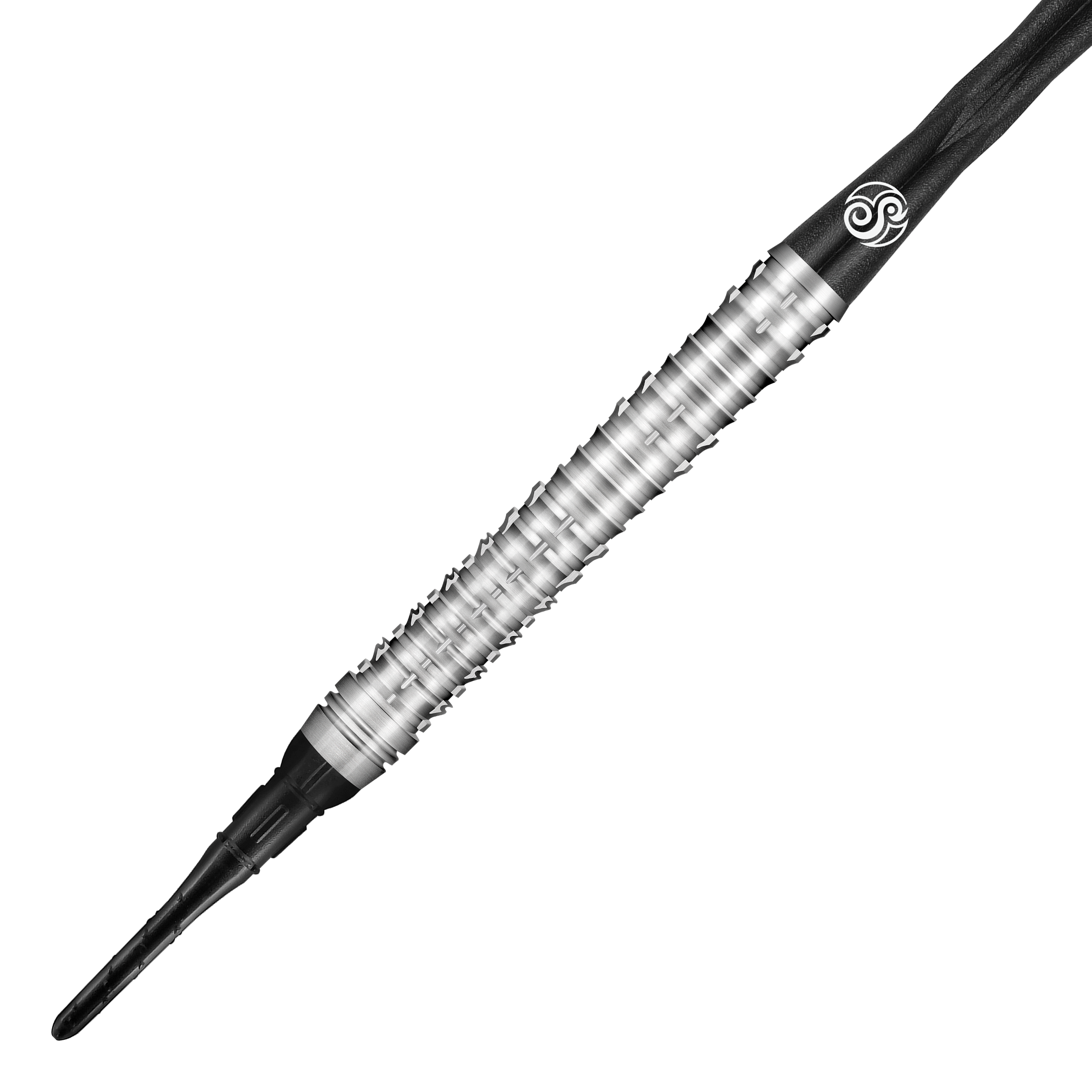 Das Bild zeigt einen Shot Future Knights Ironsoul Softdart mit einem Gewicht von 20g. Der Dart hat ein silbernes, geriffeltes Barrel und schwarze Kunststoffteile.