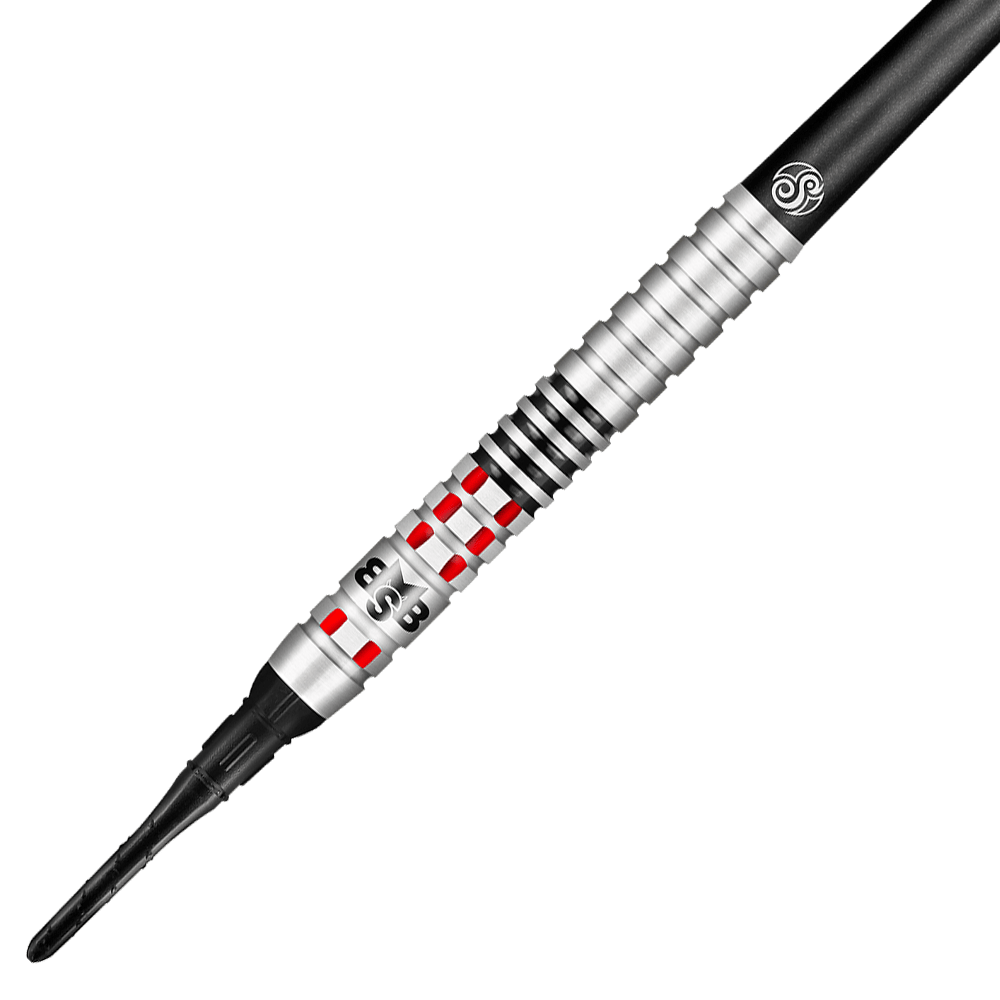 Šipky Shot Michael Smith Achieve Soft Das Bild zeigt einen Shot Michael Smith Achieve Softdart. Der Dartpfeil ist silberfarben mit roten und schwarzen Akzenten und hat eine strukturierte Griffzone.