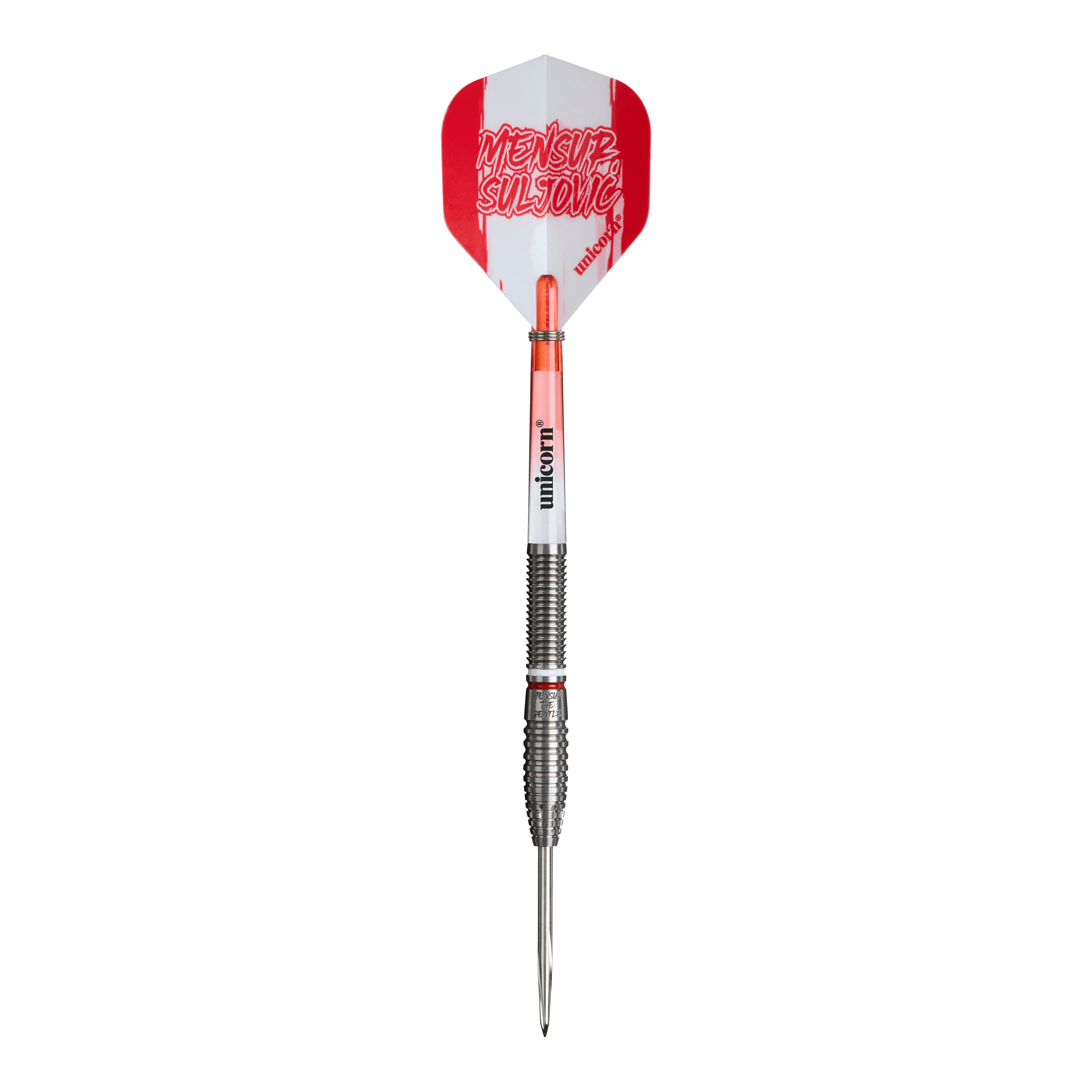 Auf diesem Bild sind die Unicorn Mensur Suljovic The Gentle Steeldarts - 23g abgebildet. Die Darts sind für präzises und kontrolliertes Spielen ausgelegt.