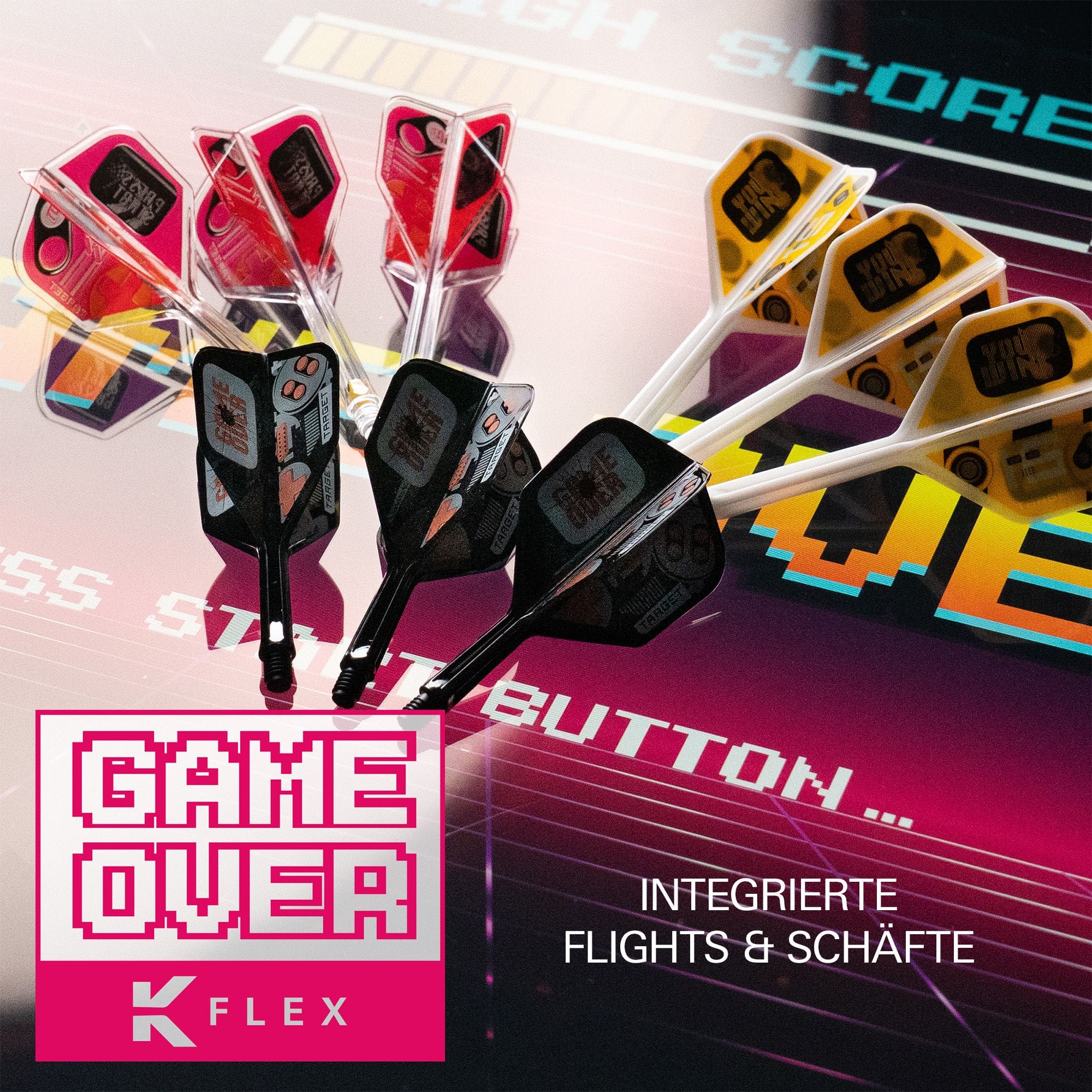 Letky Target K-Flex Game Over č. 6 Auf dem Bild ist das Produkt Target K-Flex Game Over No6 Flights zu sehen. Es handelt sich um spezielle Flights für Dartpfeile.
