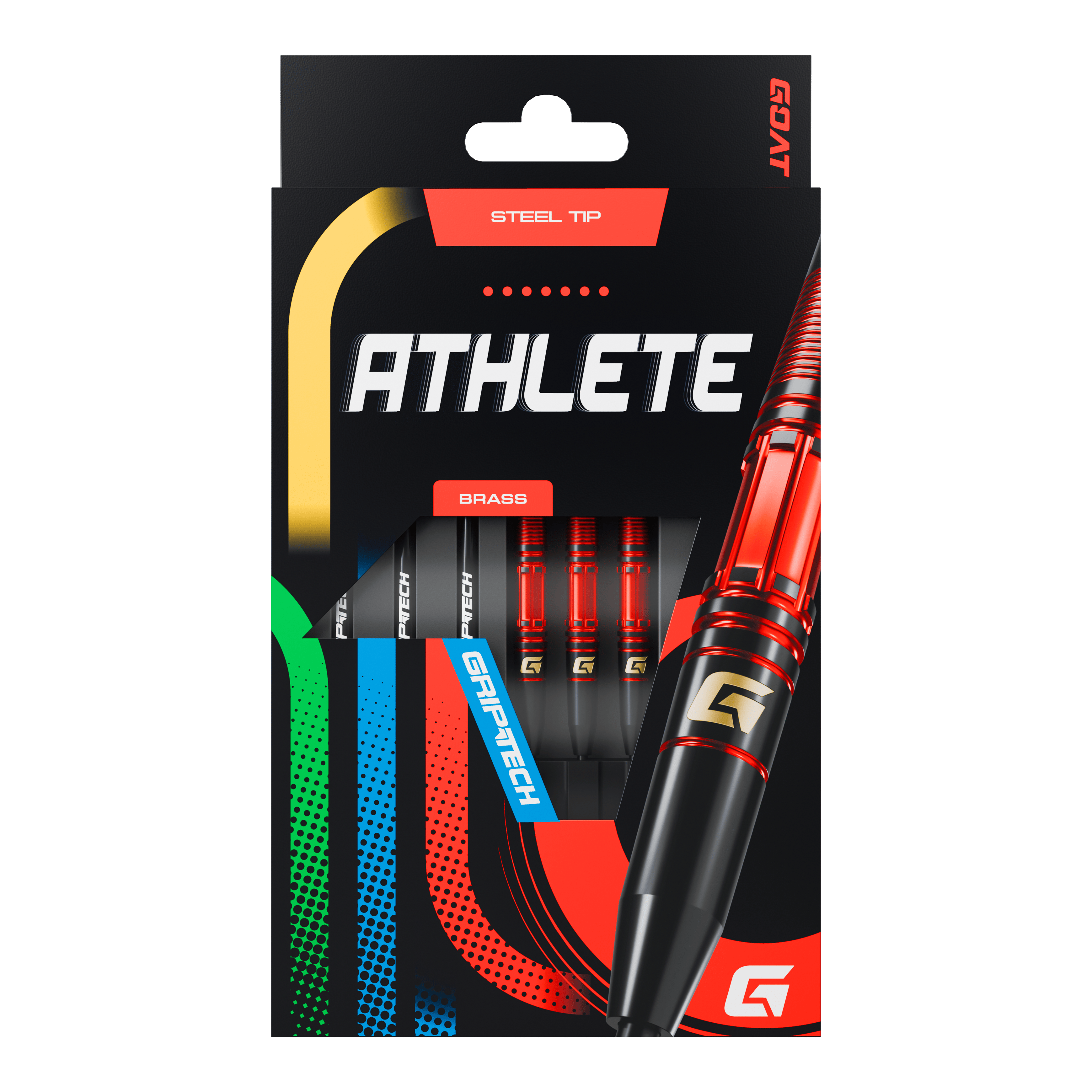 Ocelové šipky GOAT Athlete Red Brass - 11g Das Bild zeigt die Verpackung der GOAT Athlete Red Brass Steeldarts mit einem Gewicht von 11g. Die Darts haben eine rote und schwarze Farbgebung und verfügen über eine Stahlspitze.