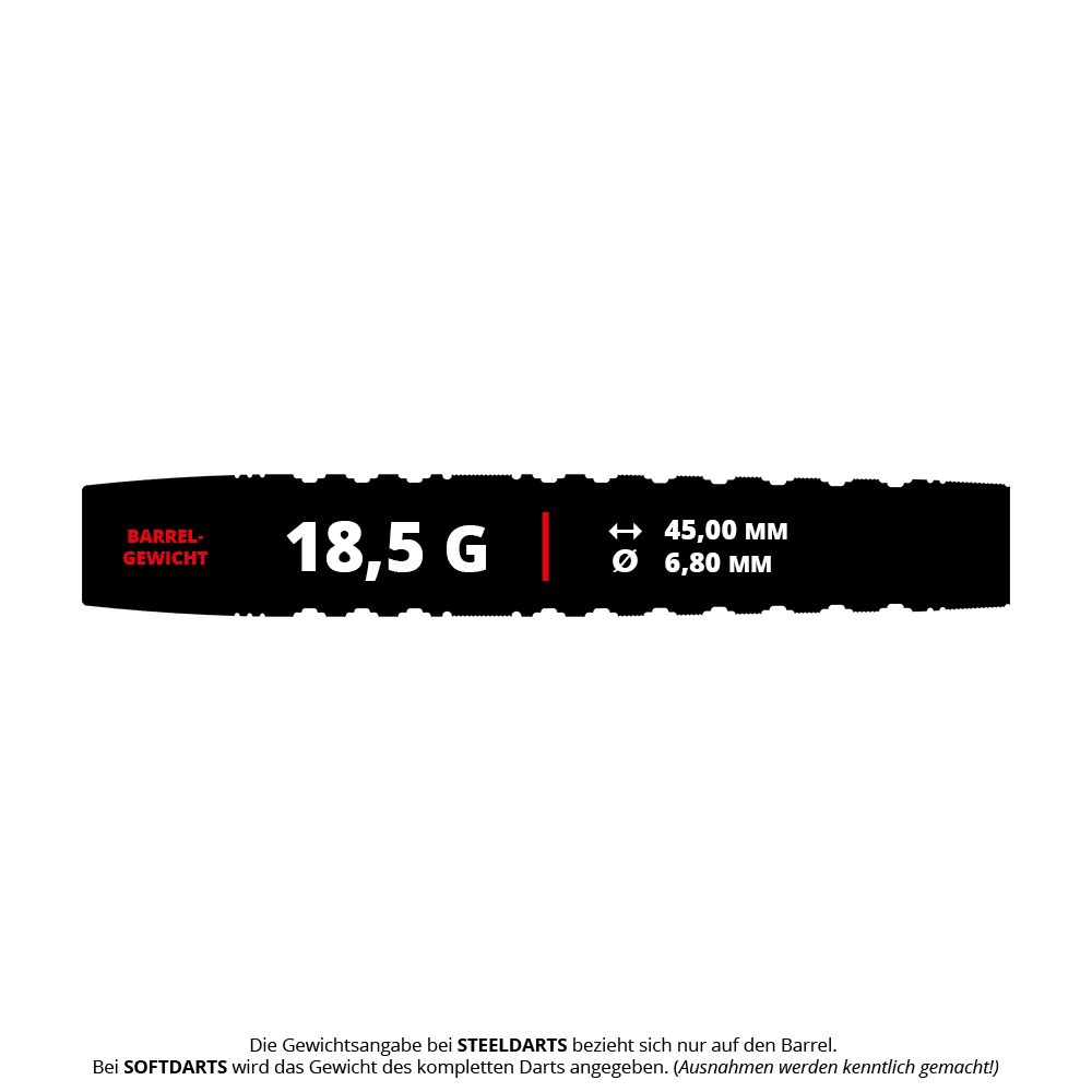 Měkké šipky Target Japan Black Marque Lumiere GEN3 - 18,5 g Das Bild zeigt die Produktinformationen der Target Japan Black Marque Lumiere GEN3 Softdarts mit einem Gewicht von 18,5 g. Die Länge beträgt 45,00 mm und der Durchmesser 6,80 mm.