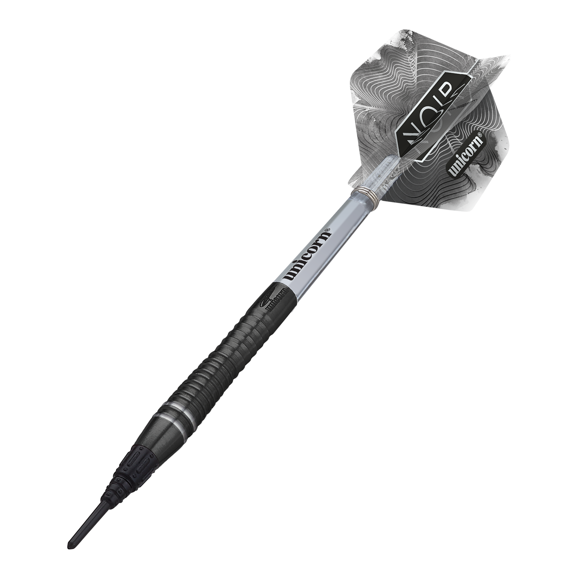 Šipky Unicorn World Champion Gary Anderson Noir Phase 6 Soft Das Bild zeigt einen Unicorn World Champion Gary Anderson Noir Phase 6 Softdart. Der Dartpfeil ist schwarz-silbern und hat ein modernes, gemustertes Flight-Design.