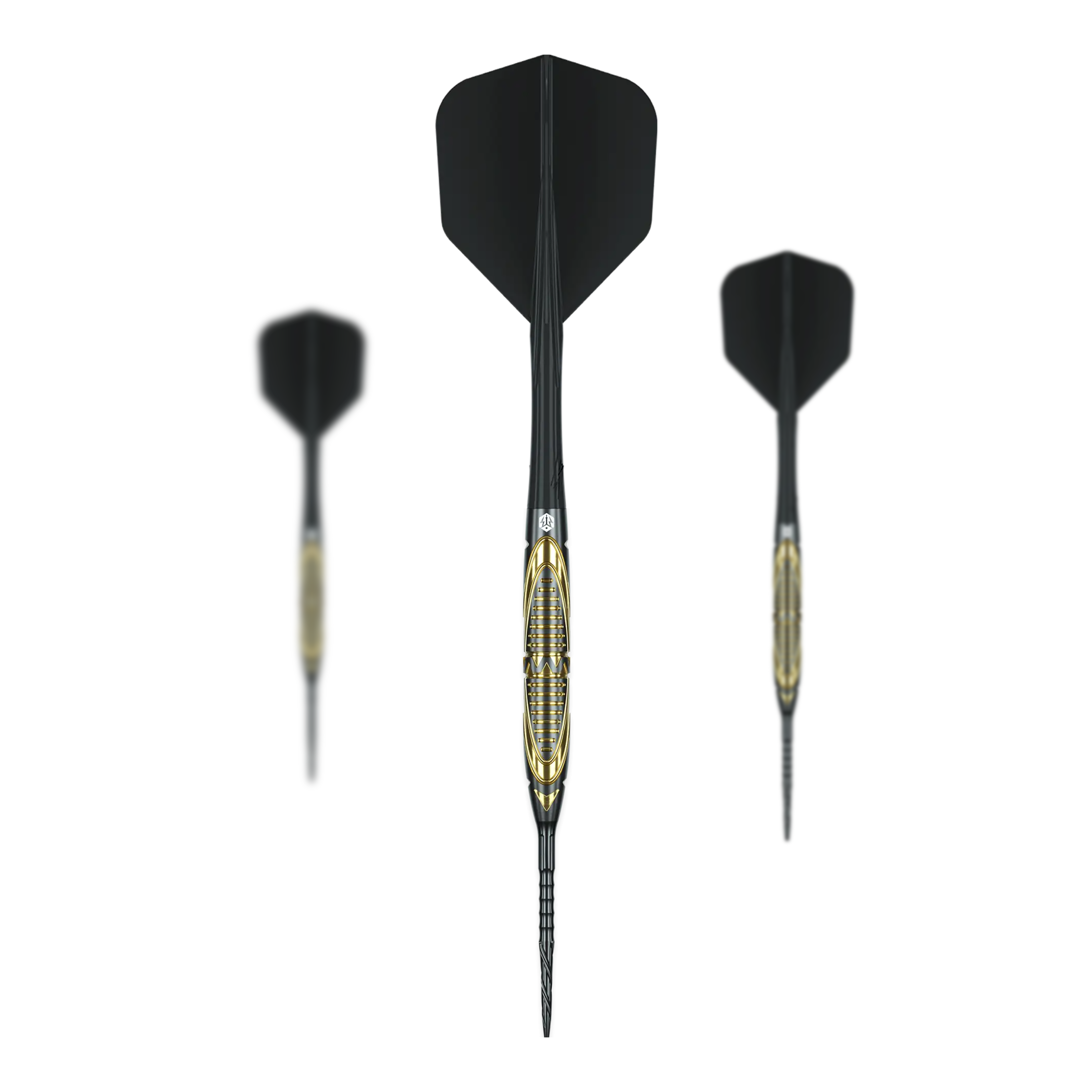 Ocelové šipky Caliburn Halo H2 - 22,5 g Auf dem Foto sind die Caliburn Halo H2 Steeldarts - 22,5g als komplettes Set zu sehen. Die Steeldarts liegen nebeneinander angeordnet.