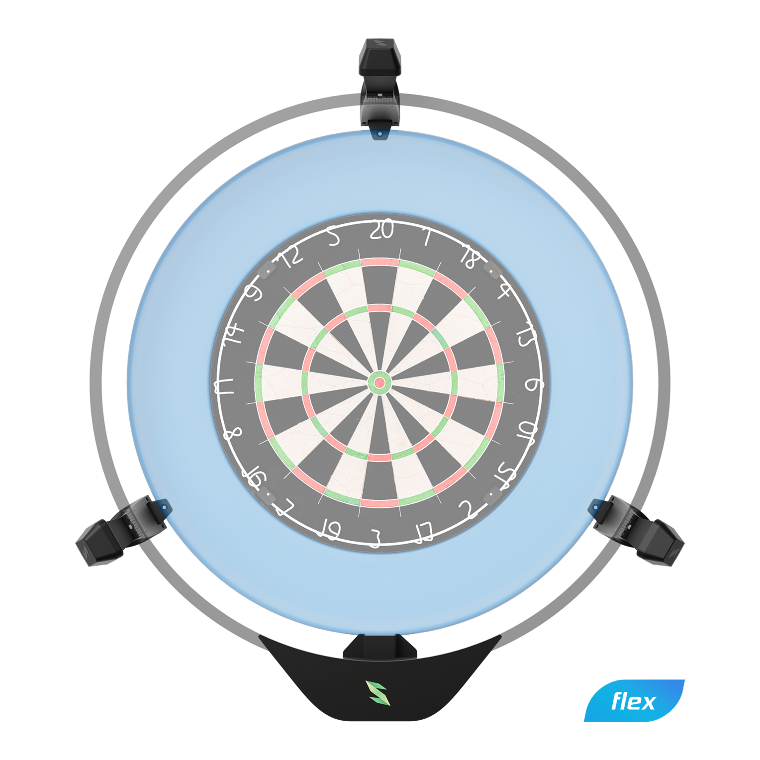 Das Bild zeigt das Produkt "Scolia Home 2 FLEX - Electronic Score System". Es handelt sich um ein elektronisches Punktesystem für eine Dartscheibe, das von einem runden Rahmen mit blauer Beleuchtung umgeben ist.
