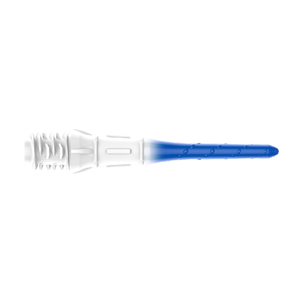 L-Style Premium Lippoint Gradiation Dartspitzen (30er Pack) Das Bild zeigt eine Dartspitze mit einem Farbverlauf von Weiß zu Blau. Die Spitze hat kleine Einkerbungen entlang des blauen Teils.