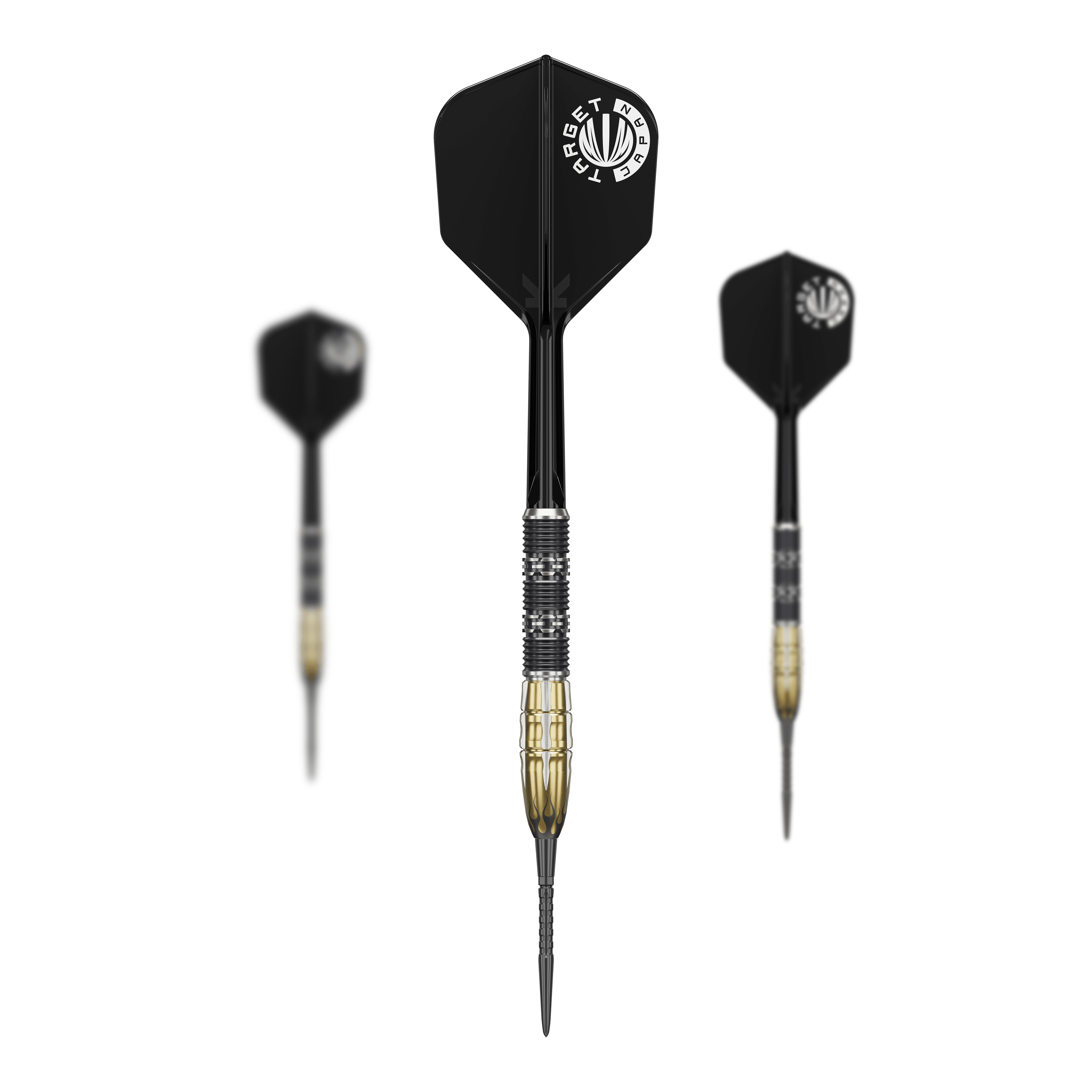 Ocelové šipky Target Japan Pyro GEN11 Swiss Point - 22g Das Bild zeigt drei Steeldarts des Modells "Target Japan Pyro GEN11 Swiss Point - 22g". Die Darts haben schwarze Flights und einen schwarz-goldenen Barrel.