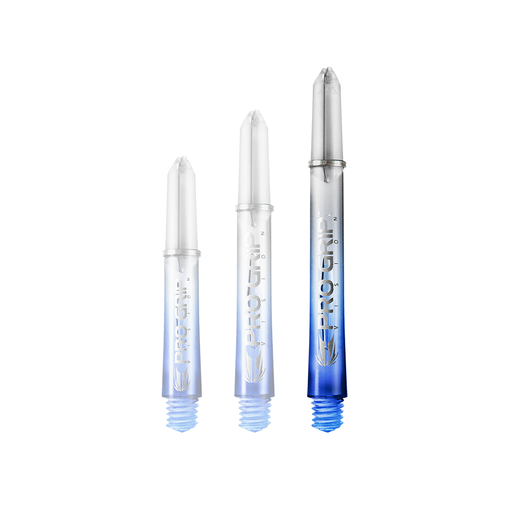 Target Pro Grip Vision Shafts - 3 sady - Modré Das Bild zeigt drei unterschiedlich lange Dartshafts der Marke "Pro Grip" in Blau. Sie sind unten blau und werden nach oben hin durchsichtig.