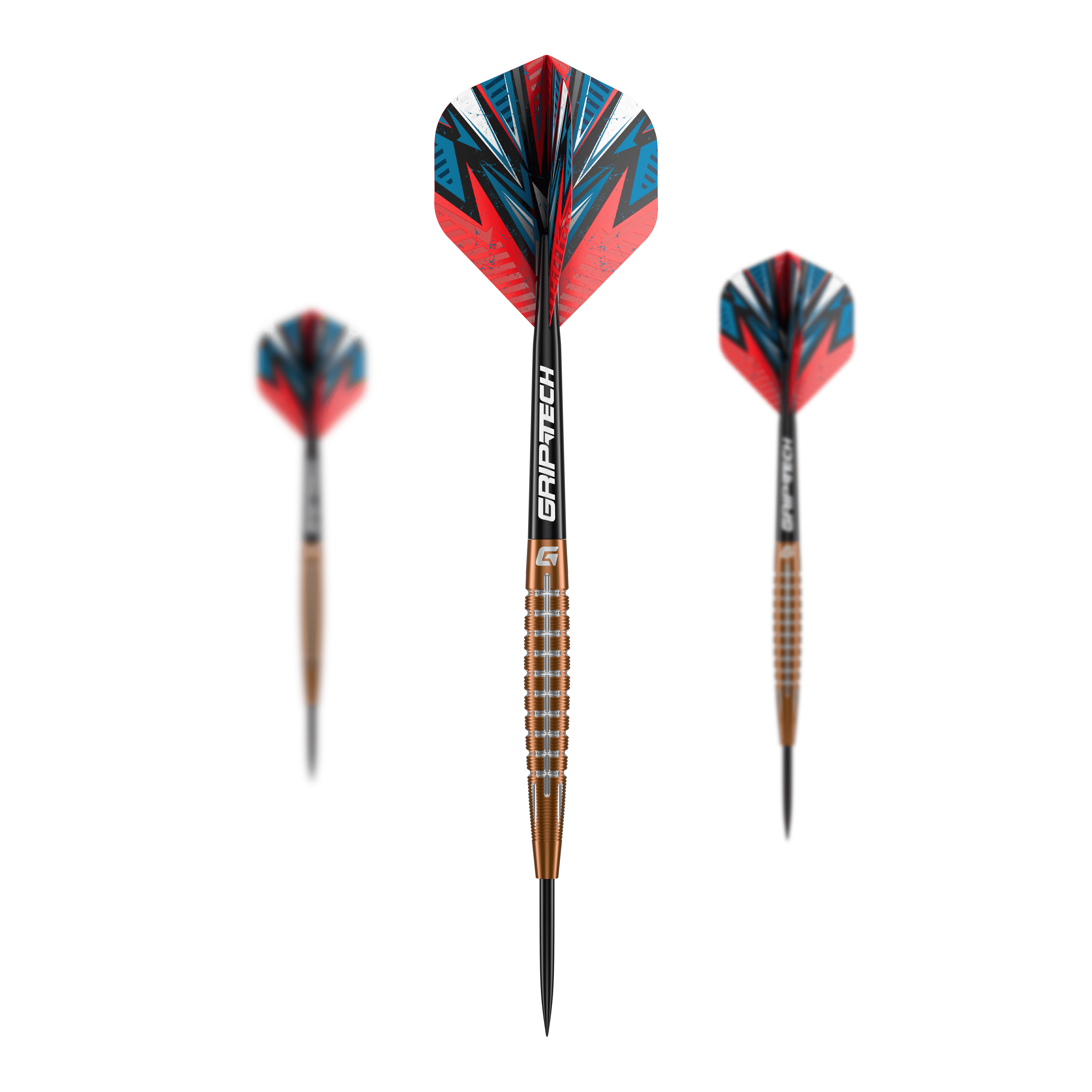 Šipky GOAT Quarterback V1 z wolframové oceli Das Bild zeigt drei GOAT Quarterback V1 Tungsten Steeldarts. Die Pfeile haben bunte Flights in Rot, Blau und Schwarz sowie einen bronzefarbenen, gerillten Schaft.