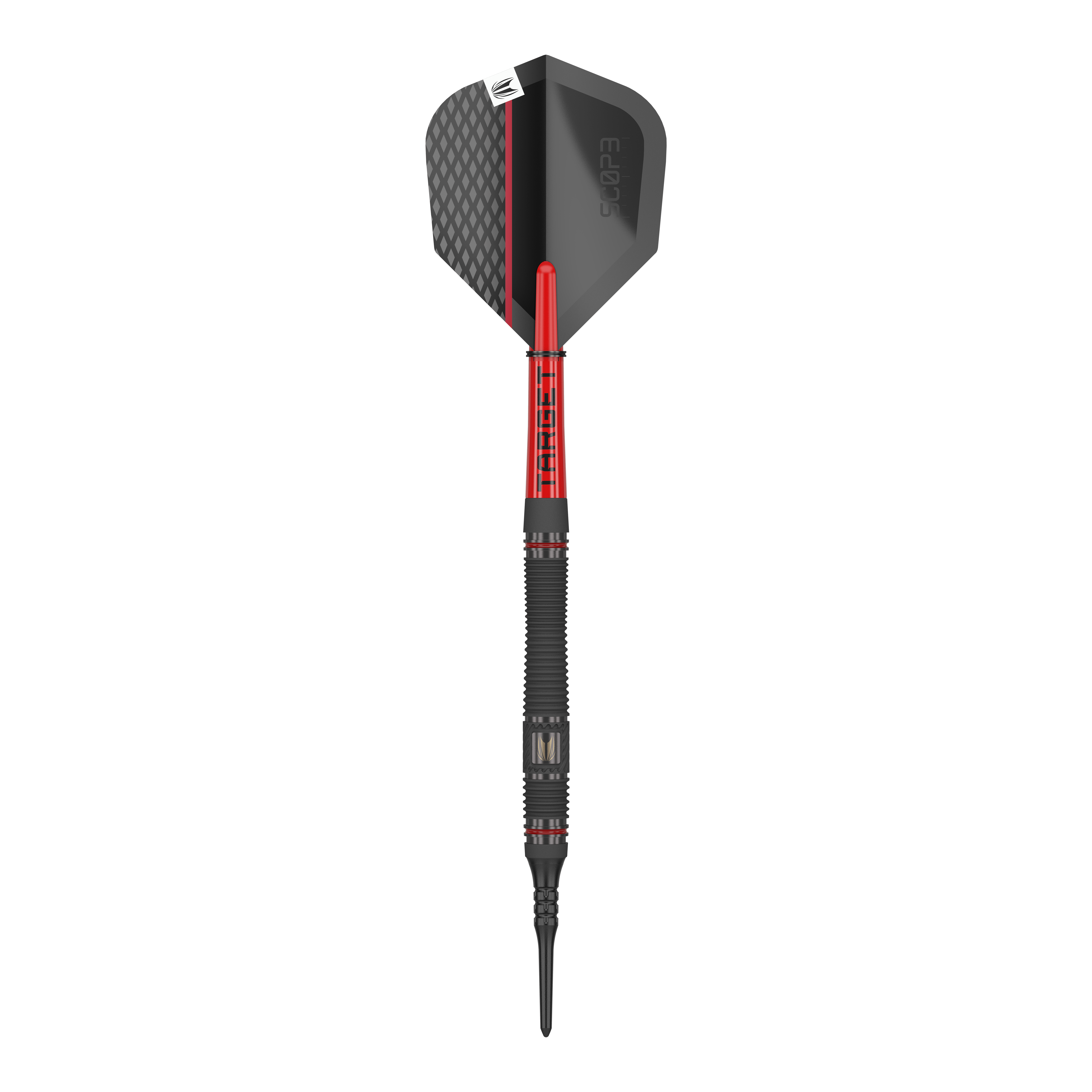 Target Scope 11 měkkých šipek Das Bild zeigt einen Softdart namens "Target Scope 11 Softdarts". Der Dart ist schwarz und rot mit einem modernen Design und einer strukturierten Oberfläche.
