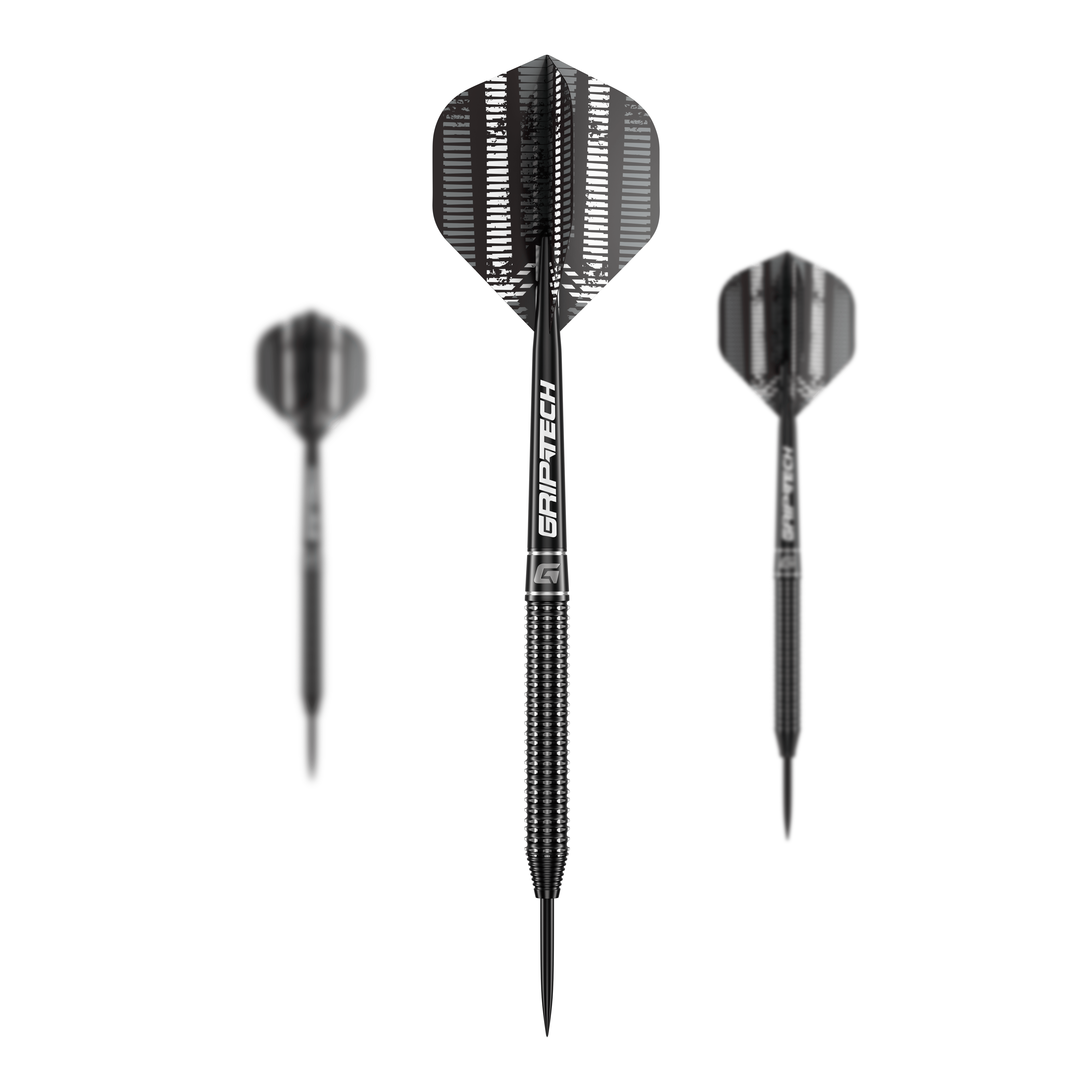 Šipky GOAT Sprocket z wolframové oceli Das Bild zeigt drei schwarze Steeldarts mit der Aufschrift "GRIPTECH" auf den Schäften. Es handelt sich um das Produkt "GOAT Sprocket Tungsten Steeldarts".