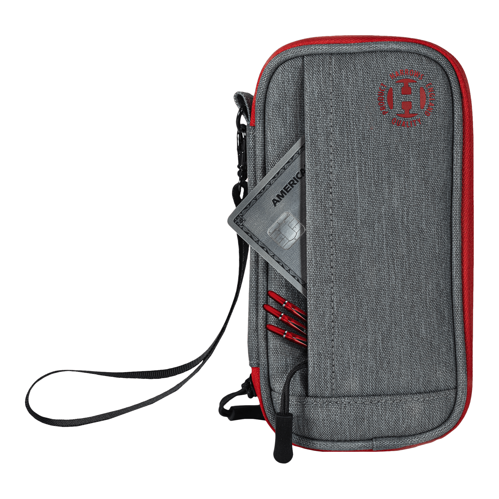 Harrows Smart Case Dartwallet Das Bild zeigt ein graues und rotes Dart-Etui mit einem Reißverschluss und einer Handschlaufe. In der Vordertasche stecken eine Kreditkarte und einige Dartspitzen.